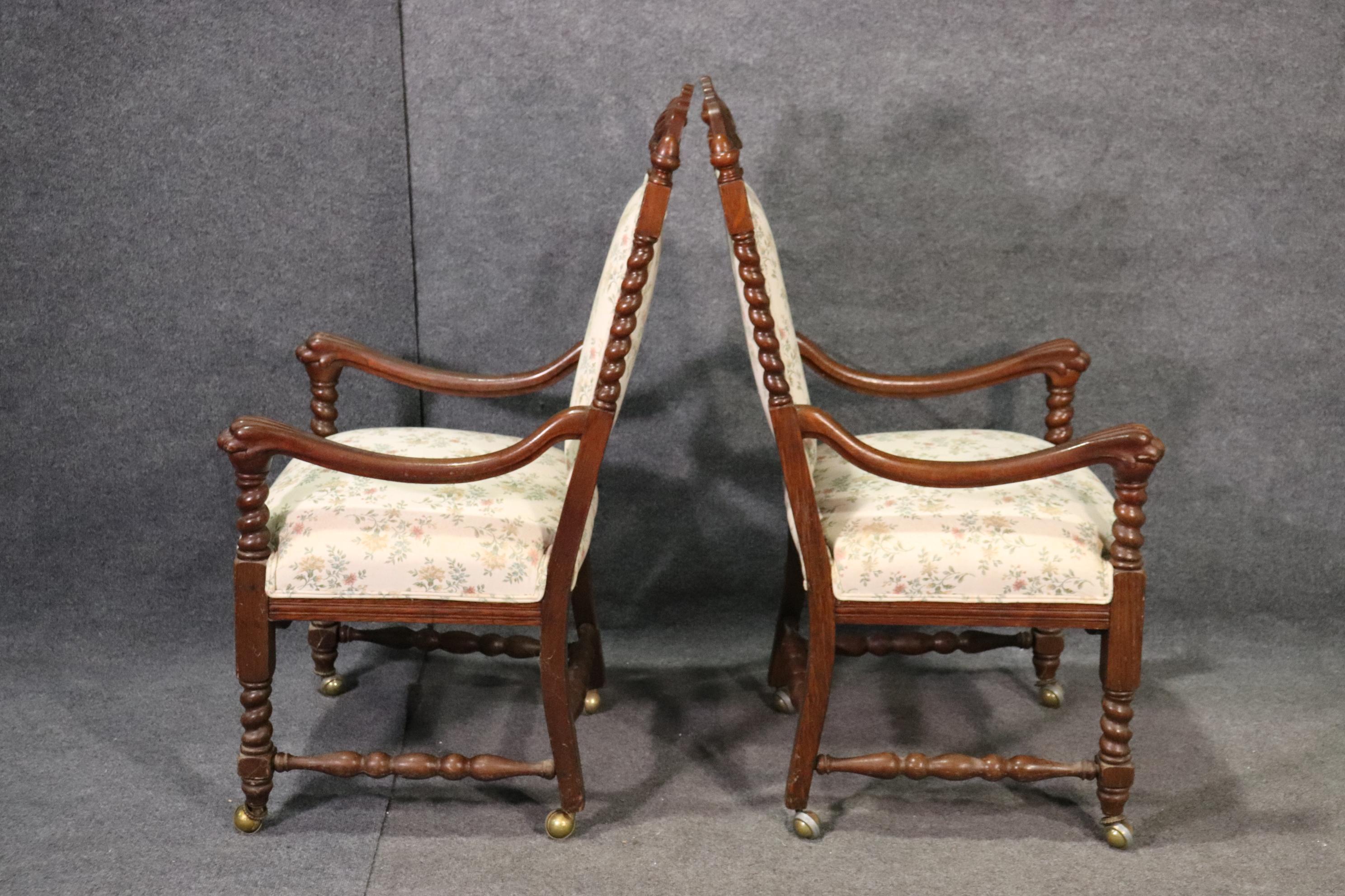 Late 19th Century Set 8 Solid Oak RJ Horner Figural Carved Barley Twist Victorian Dining Chairs