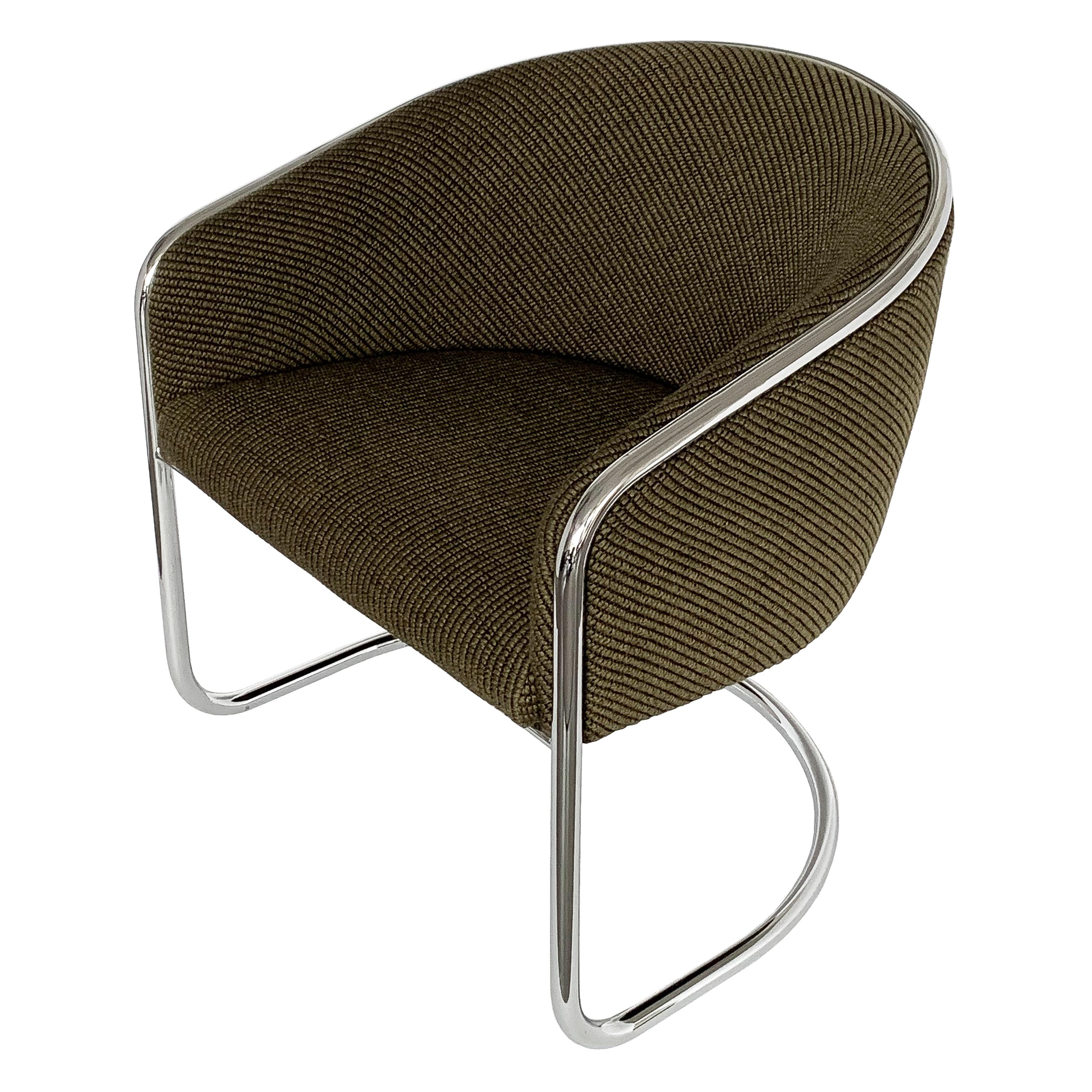 Set of 8 tub / club cantilever dining or lounge chairs by Joan Burgasser / Anton Lorenz for Thonet, circa 1970s. Chrome-plated tubular steel frames. Original moss / army green textured upholstery is in excellent condition. The ribbed woven fabric is