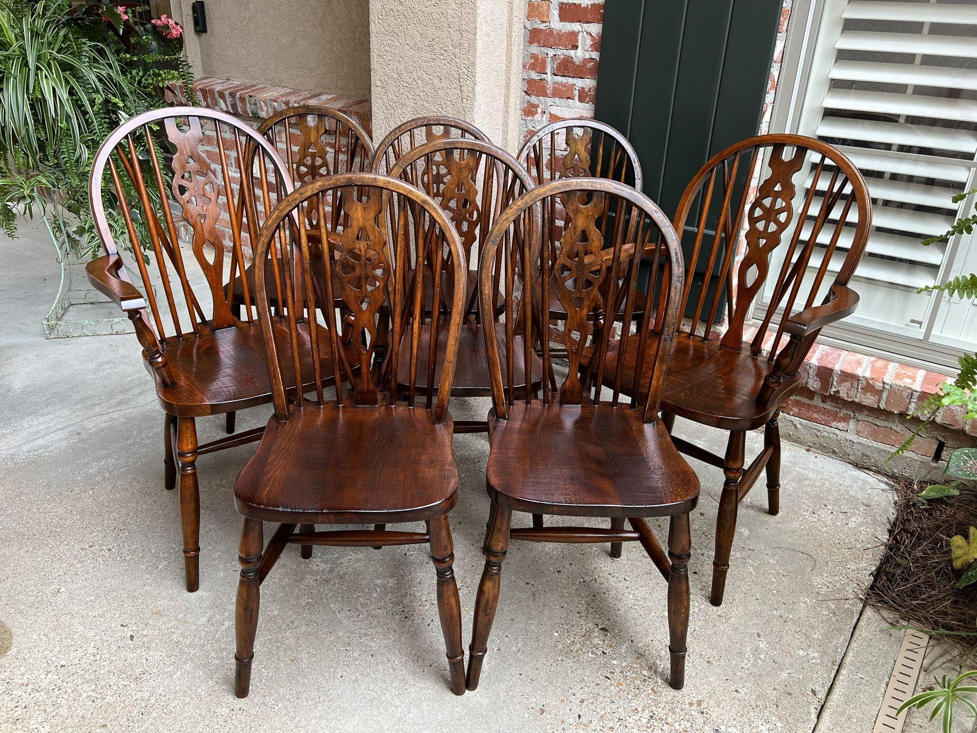 Set 8 Vintage English Dining Chairs Windsor Wheelback Dark Oak W Armchairs 4