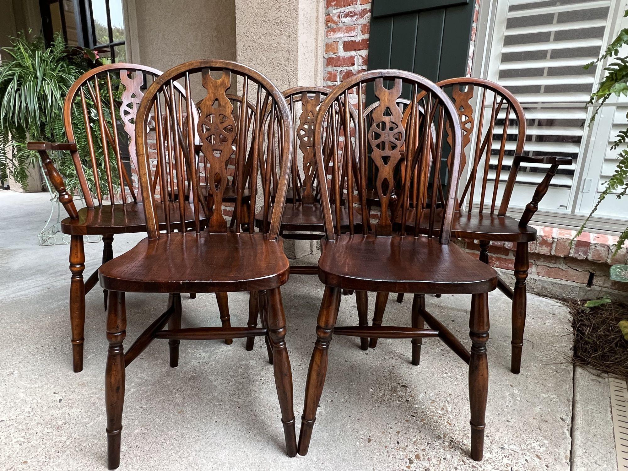 Set 8 Vintage English Dining Chairs Windsor Wheelback Dark Oak W Armchairs 5