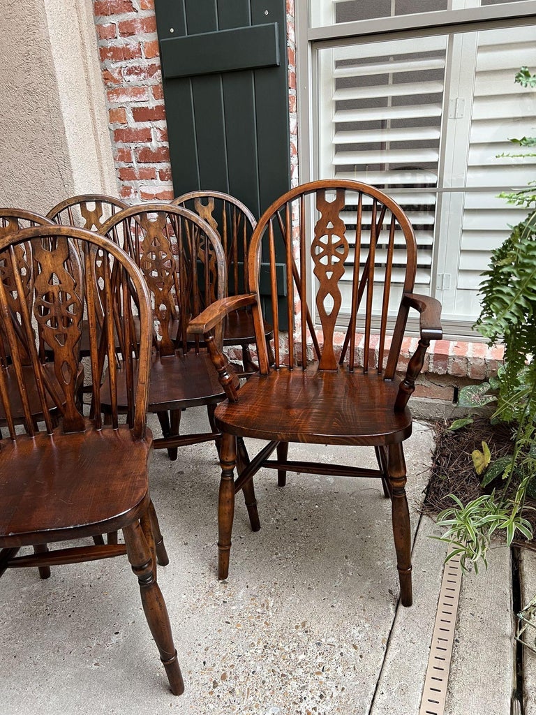 Set 8 Vintage English Dining Chairs Windsor Wheelback Dark Oak W Armchairs at 1stDibs