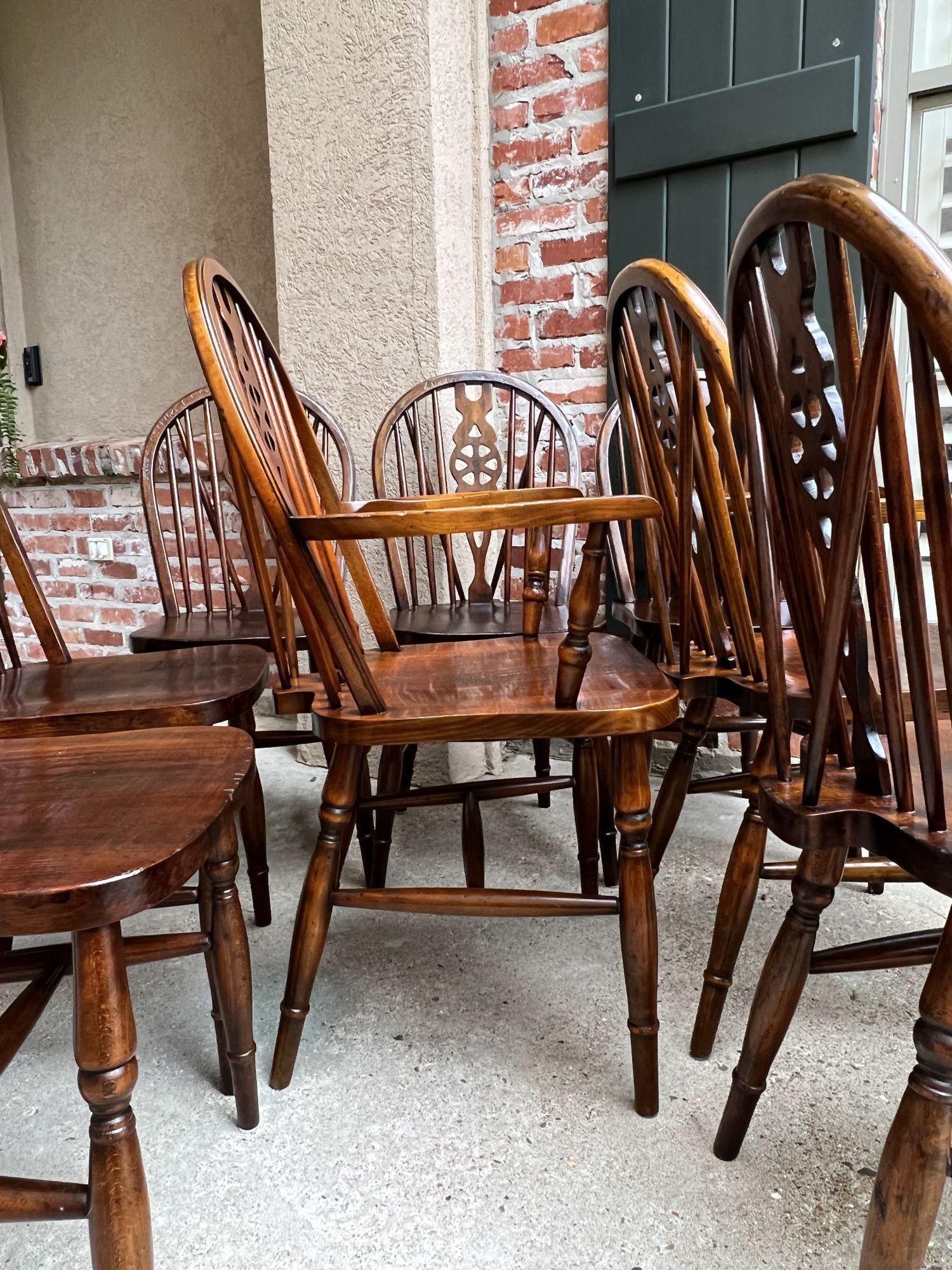 Set 8 Vintage English Dining Chairs Windsor Wheelback Dark Oak W Armchairs 8