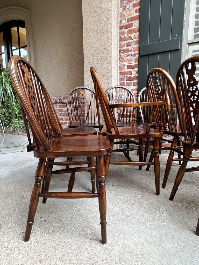 Set 8 Vintage English Dining Chairs Windsor Wheelback Dark Oak W Armchairs at 1stDibs
