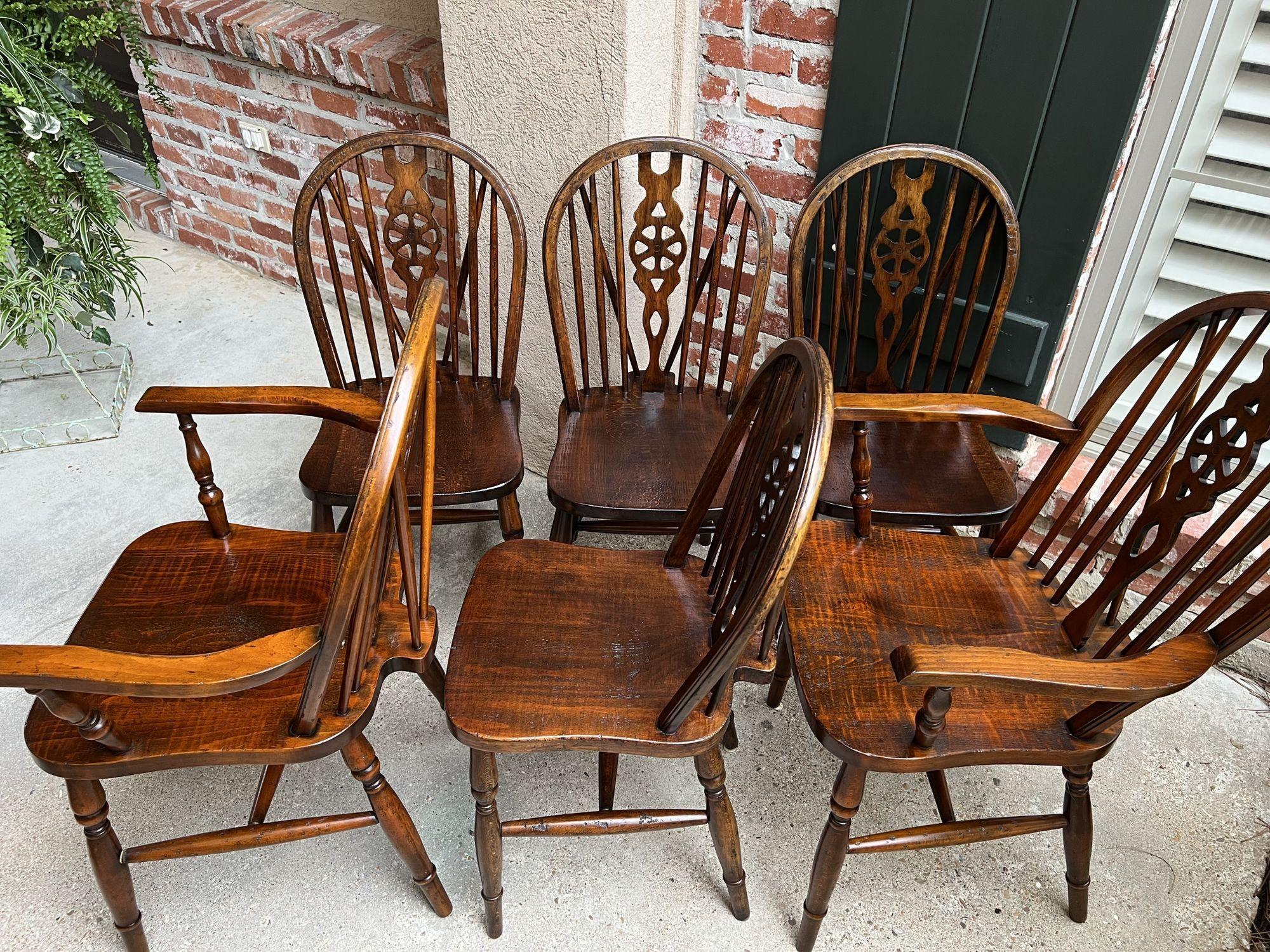 Set 8 Vintage English Dining Chairs Windsor Wheelback Dark Oak W Armchairs 10