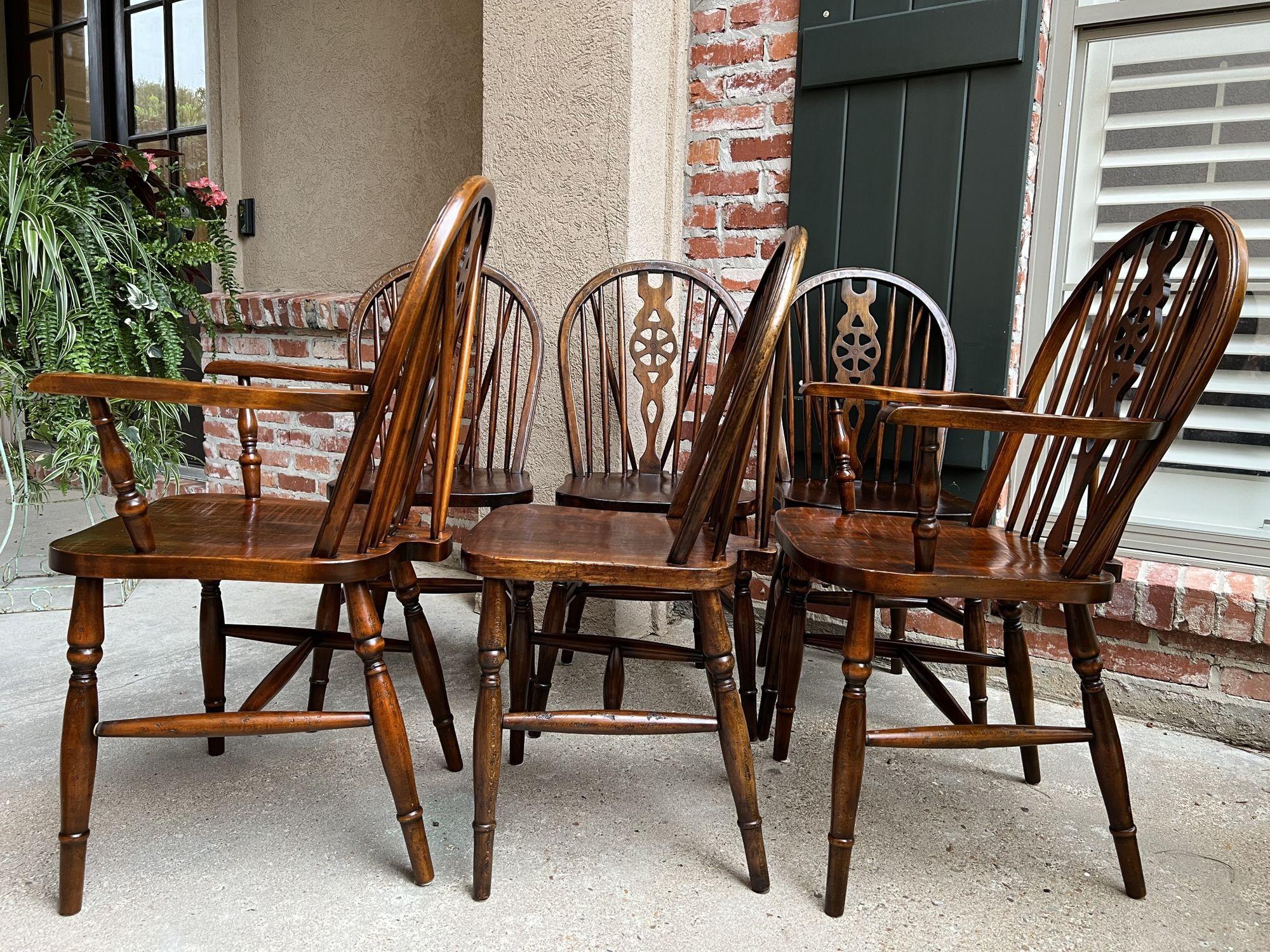 Set 8 Vintage English Dining Chairs Windsor Wheelback Dark Oak W Armchairs 11