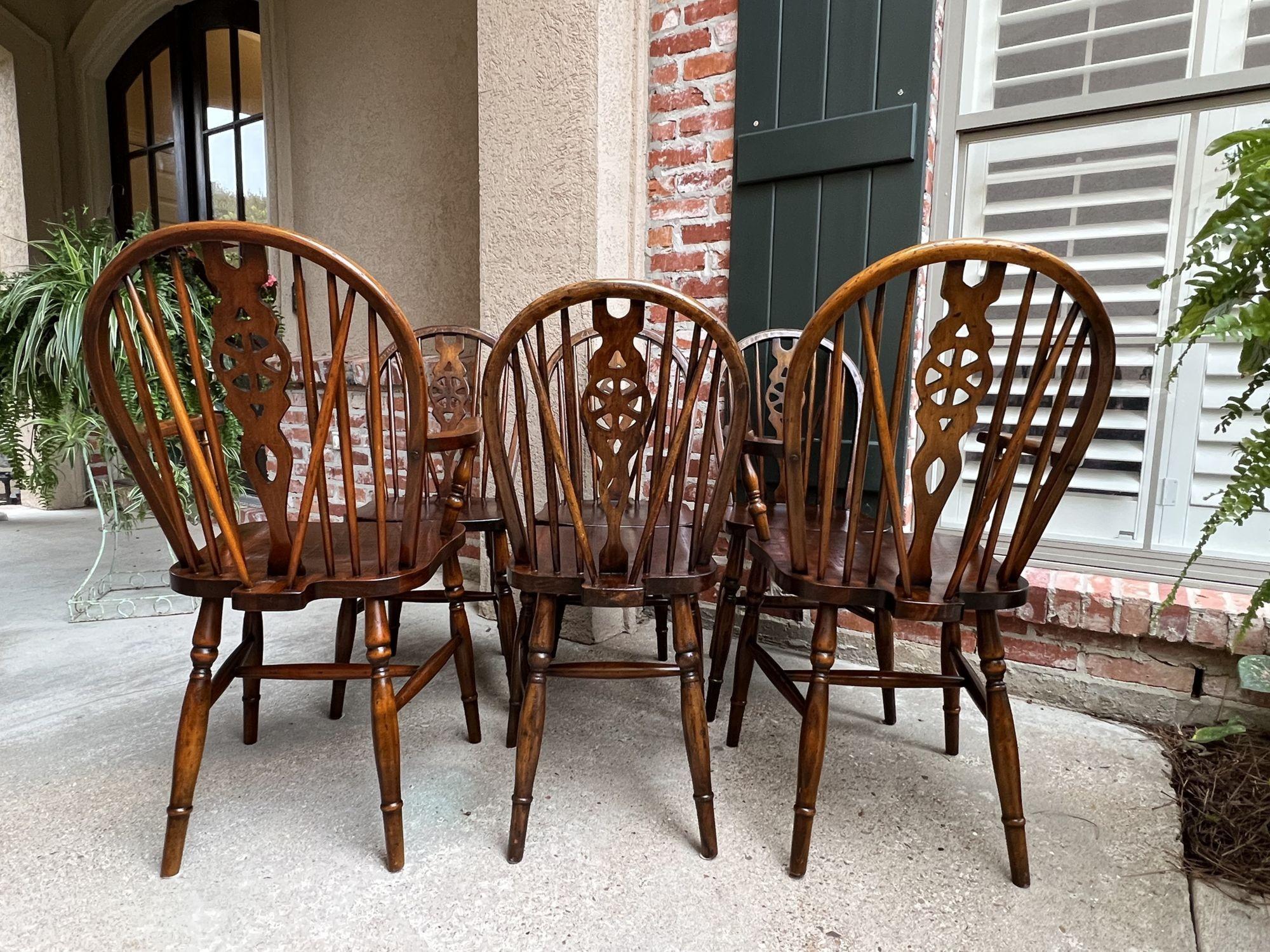 Set 8 Vintage English Dining Chairs Windsor Wheelback Dark Oak W Armchairs 12