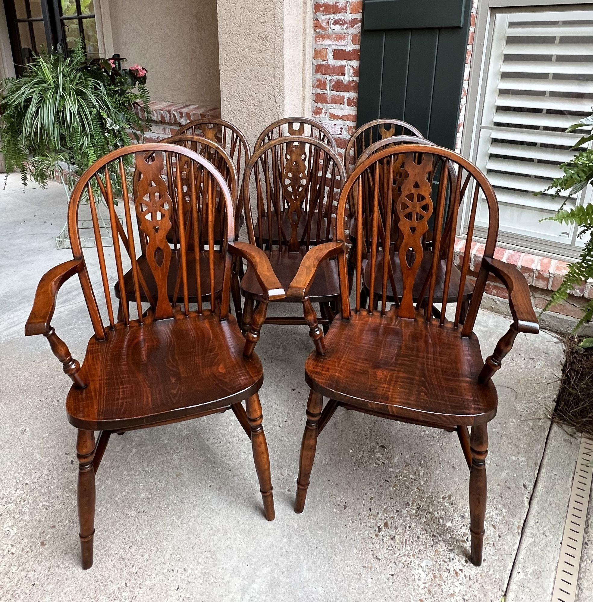 Jacobean Set 8 Vintage English Dining Chairs Windsor Wheelback Dark Oak W Armchairs