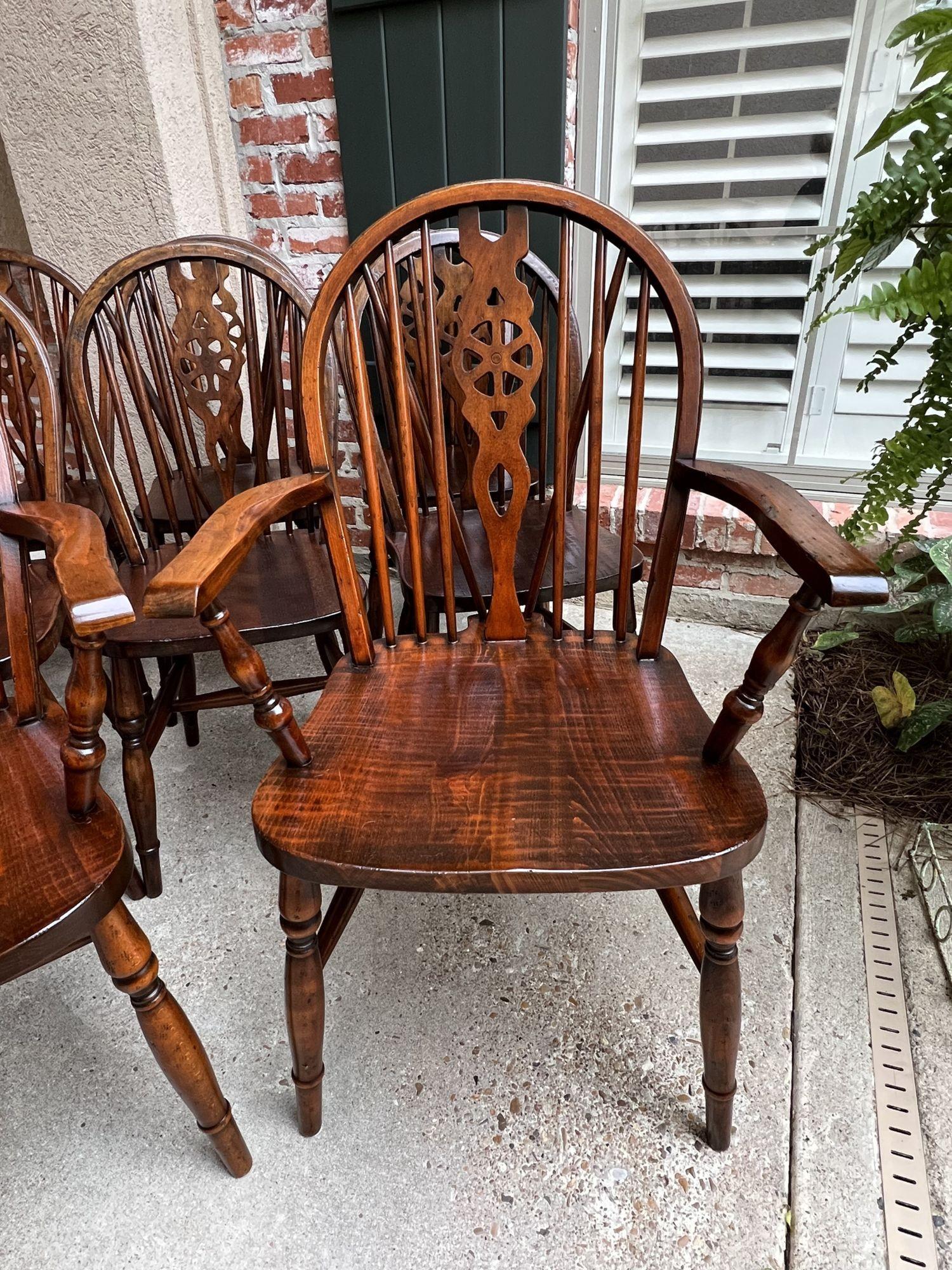 British Set 8 Vintage English Dining Chairs Windsor Wheelback Dark Oak W Armchairs