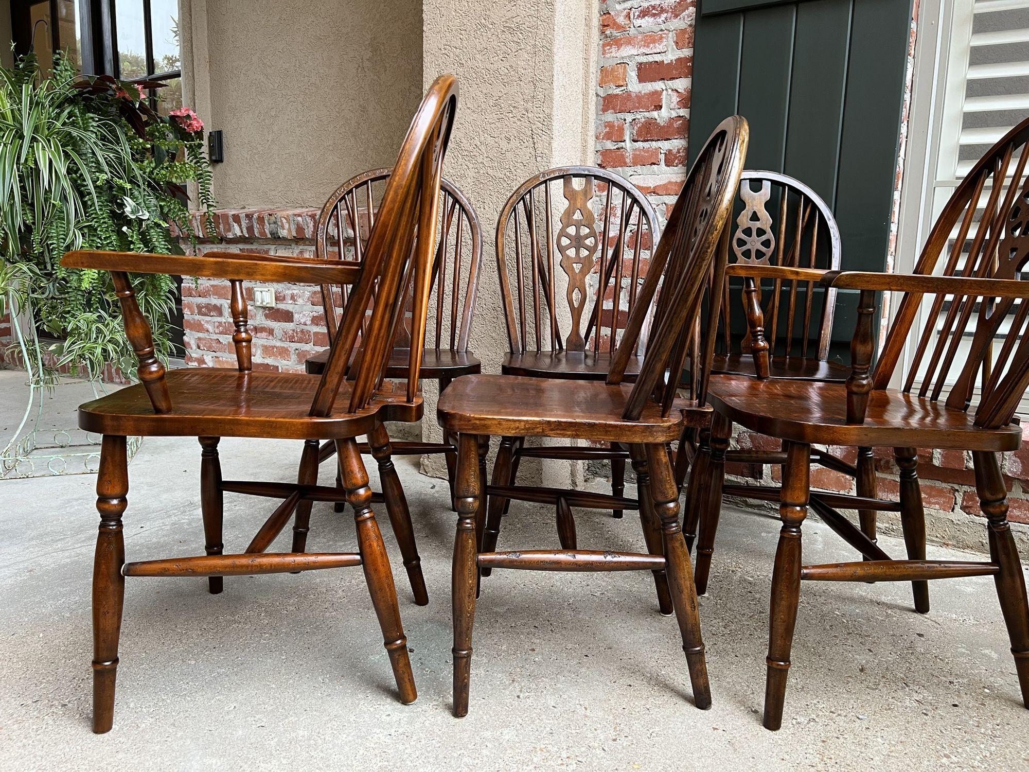 Turned Set 8 Vintage English Dining Chairs Windsor Wheelback Dark Oak W Armchairs