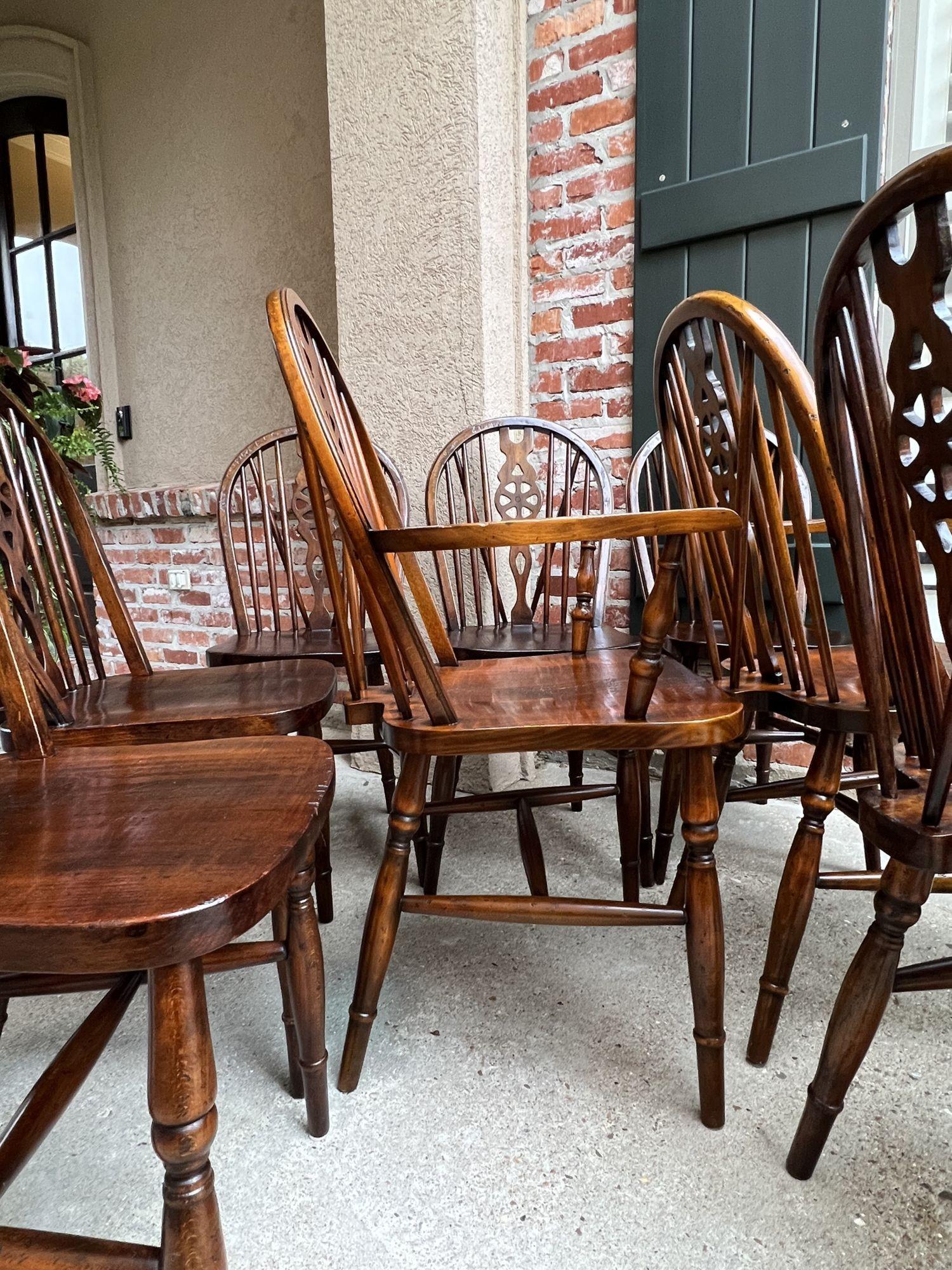 Mid-20th Century Set 8 Vintage English Dining Chairs Windsor Wheelback Dark Oak W Armchairs
