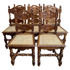 Set 8 Vintage French Country Carved Oak Dining Chairs Barley Twist Cane Seat