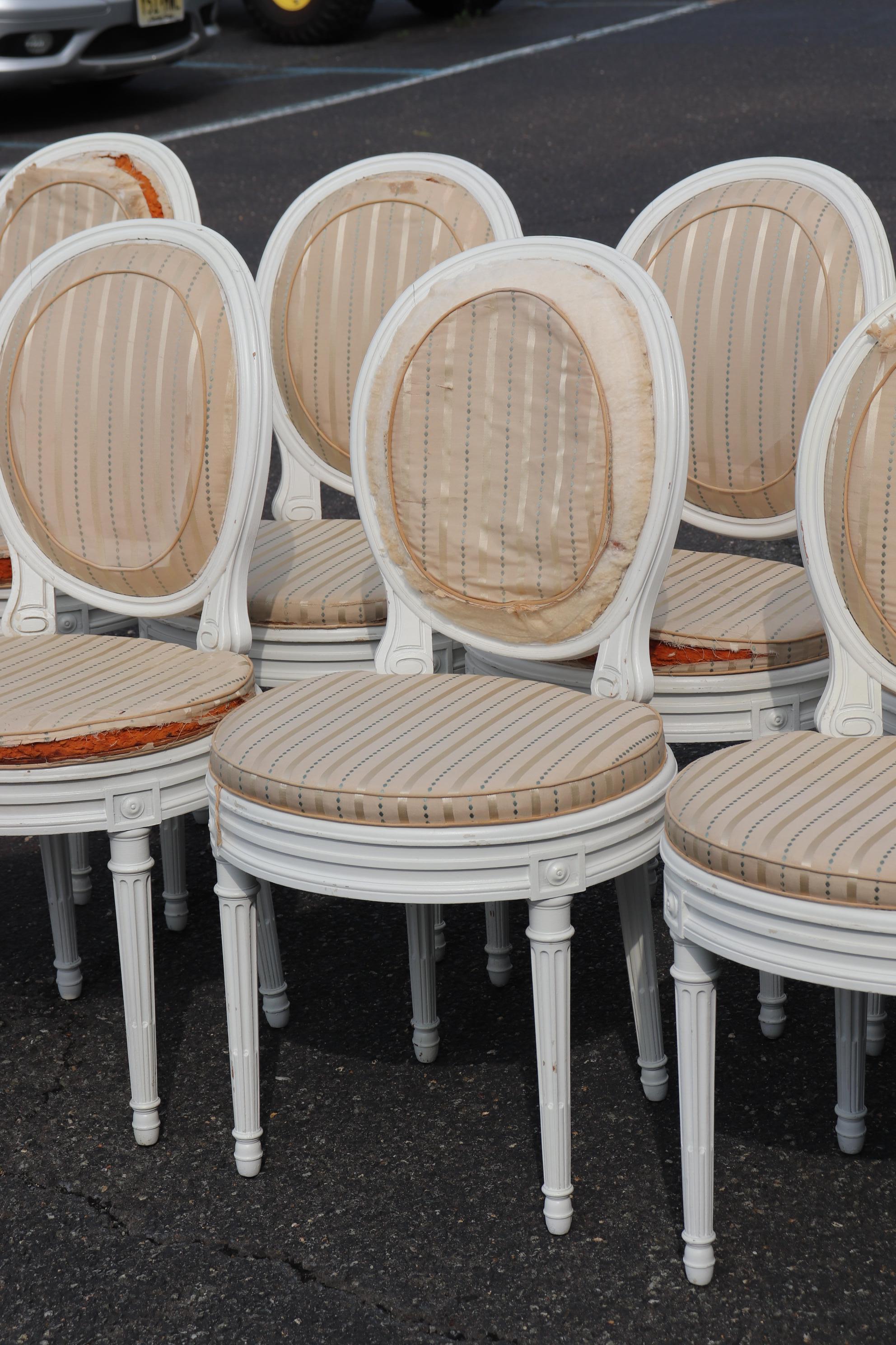 Beech Set 8 White Painted French Louis XVI Oval Back Caned Dining Chairs, Circa 1900