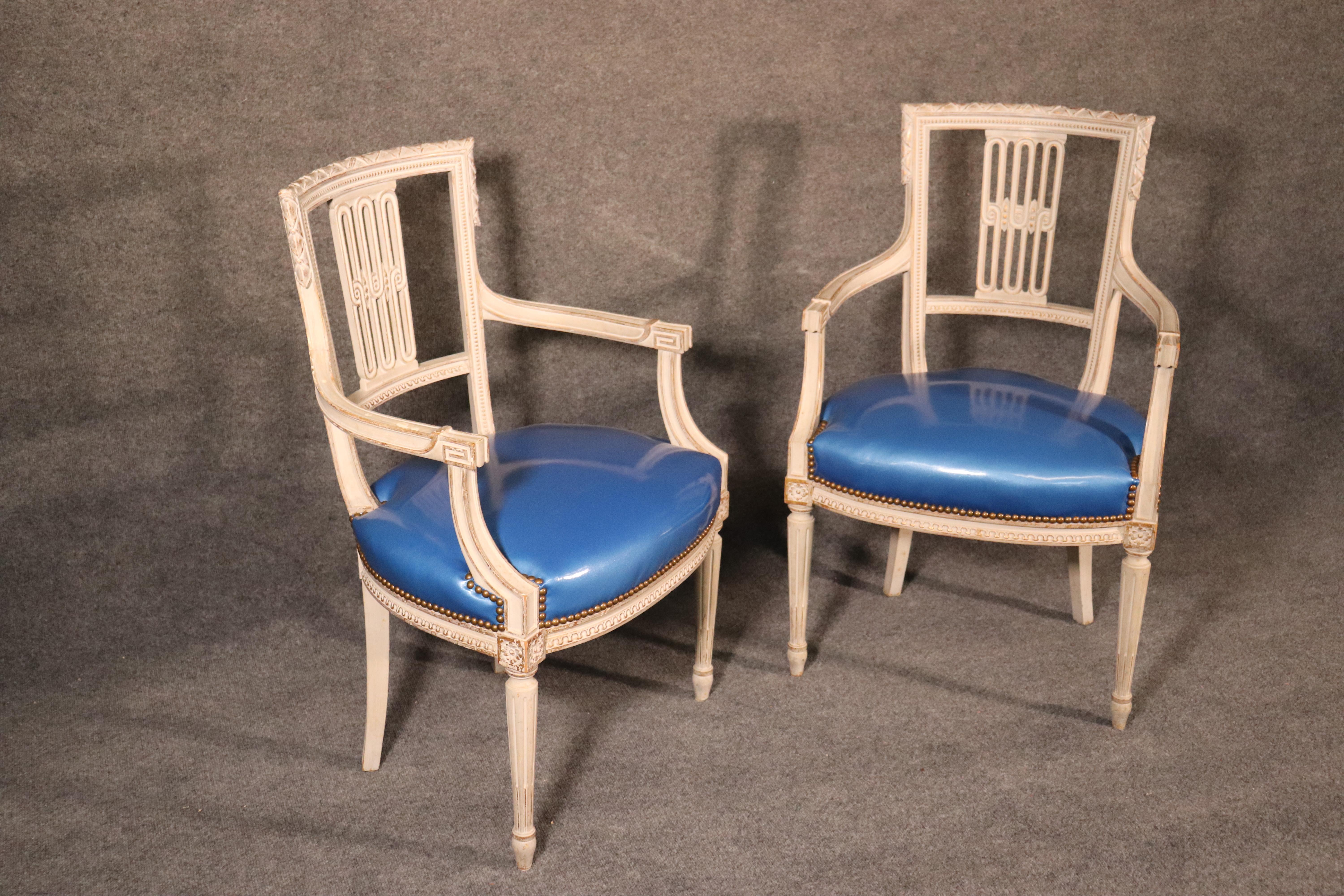 Louis XVI Set 8 White Painted Patent Leather Signed Maison Jansen Dining Armchairs