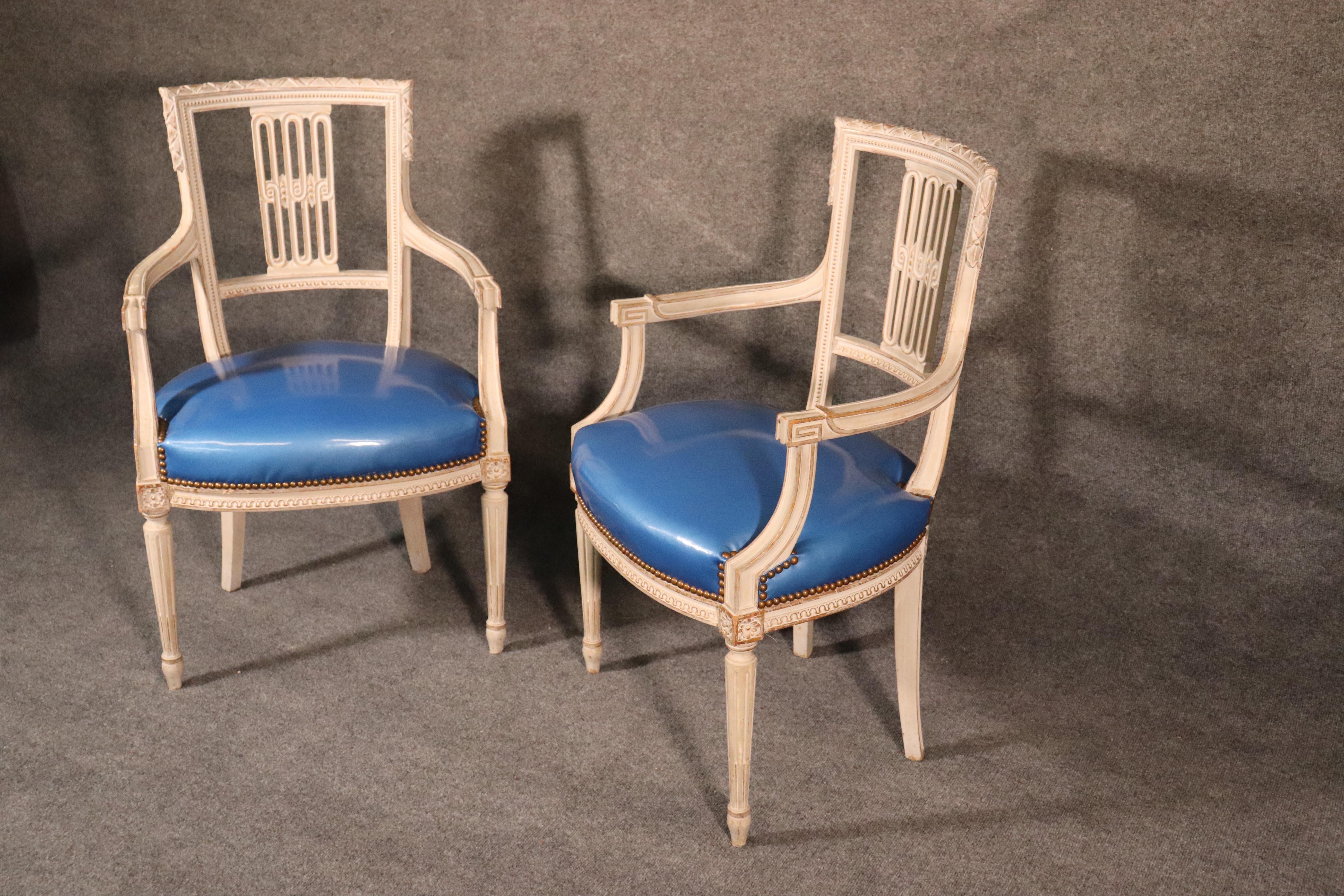 French Set 8 White Painted Patent Leather Signed Maison Jansen Dining Armchairs