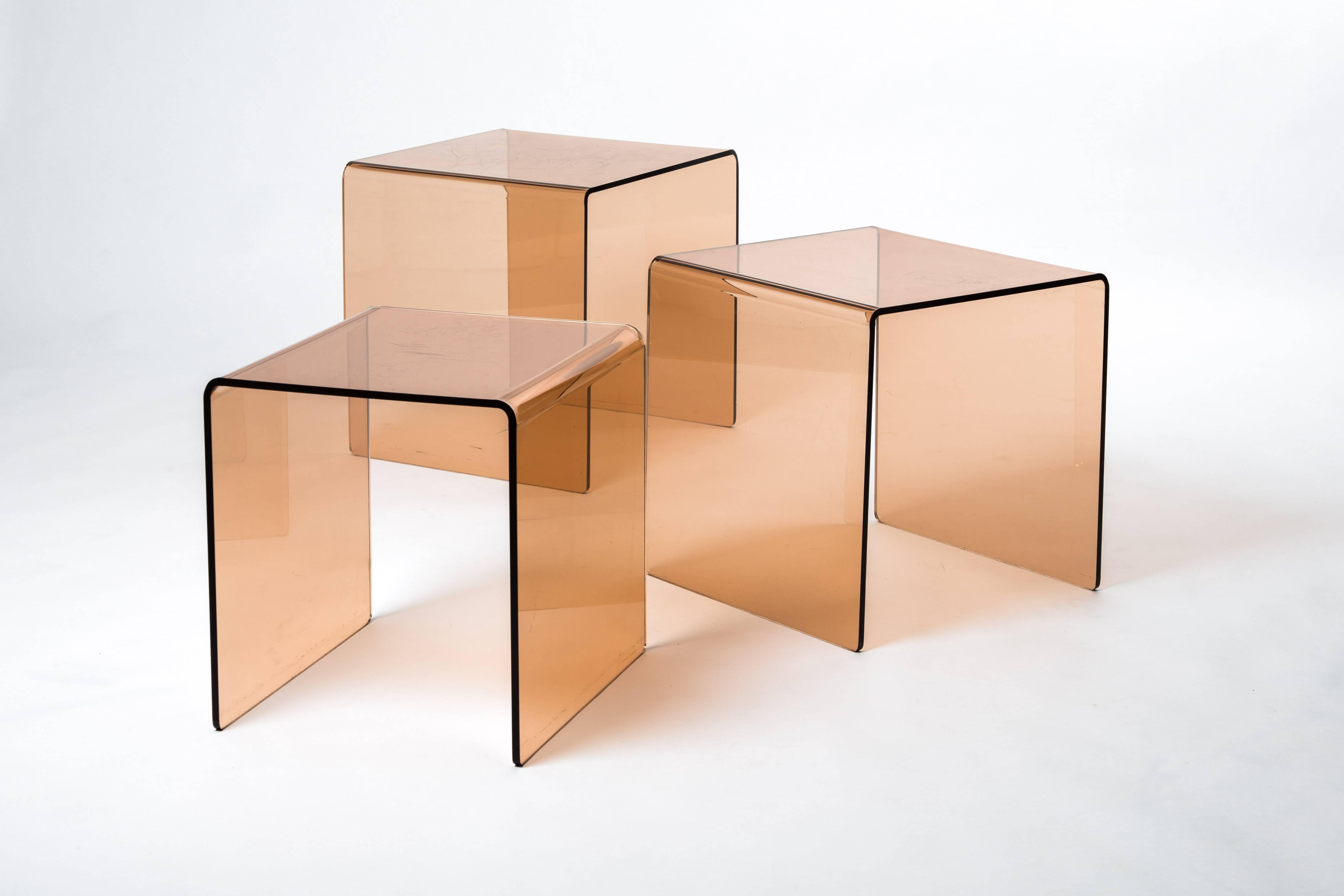 Mid-Century Modern Set Acrylic Nesting Tables Transparent Orange Brown Artimide