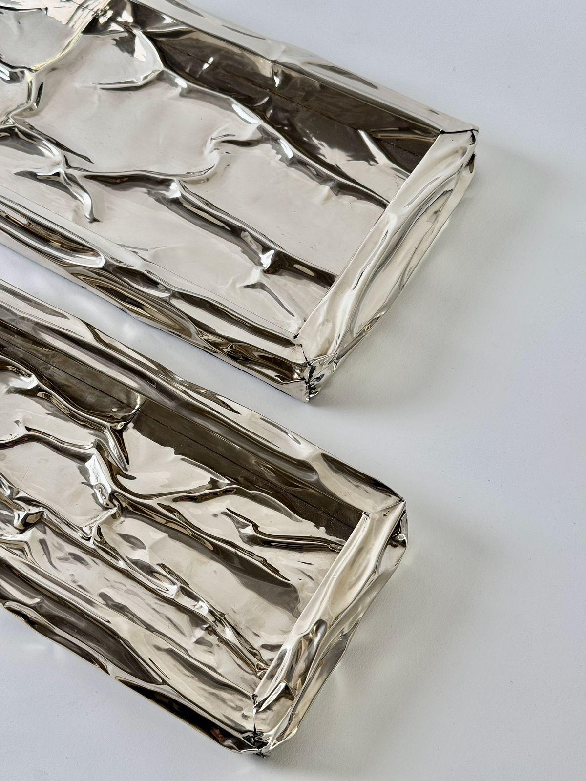 Organic Modern Set Aimara Rectangular Alpaca Silver Trays For Sale