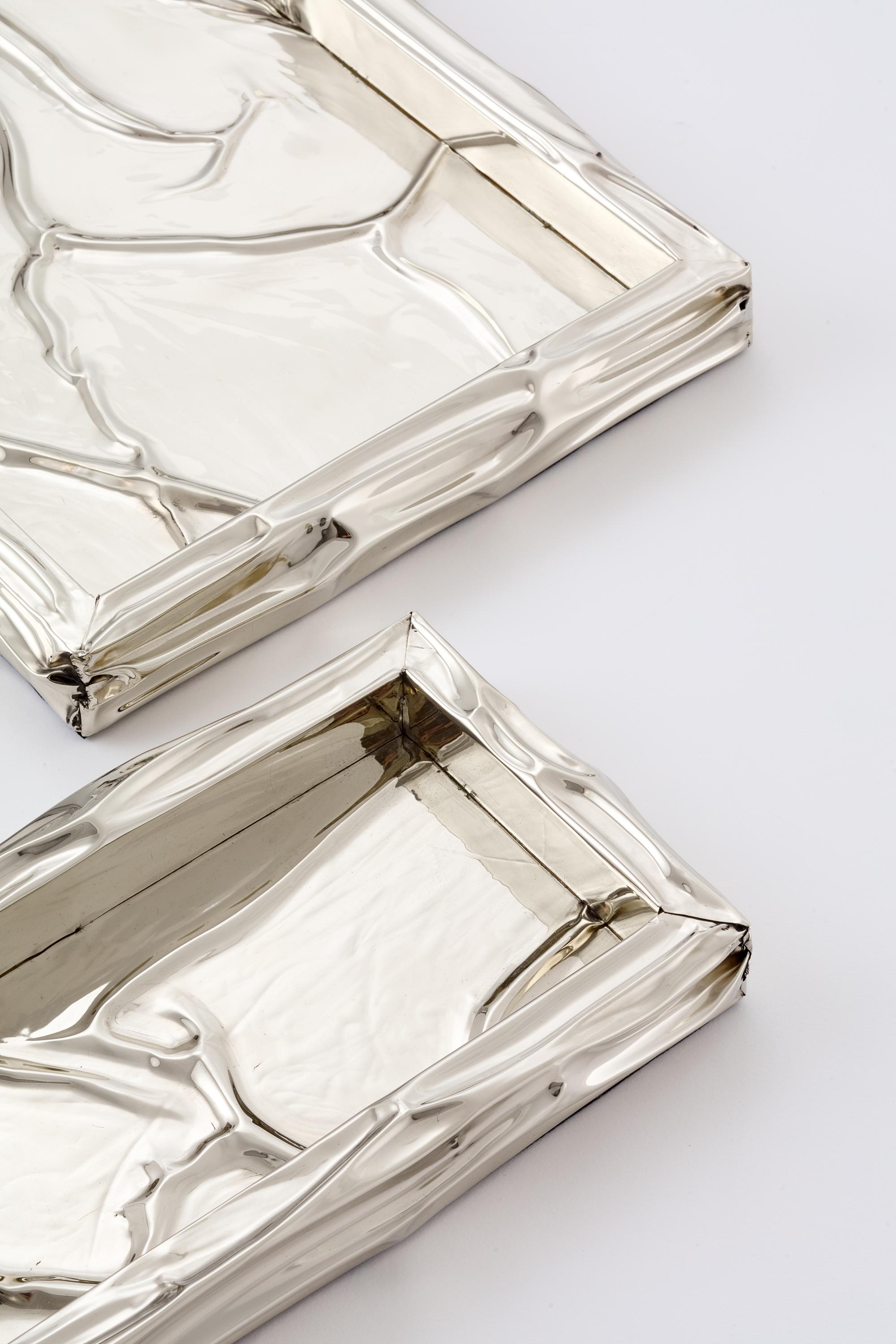 Organic Modern Set Aimara Rectangular Alpaca Silver Trays For Sale