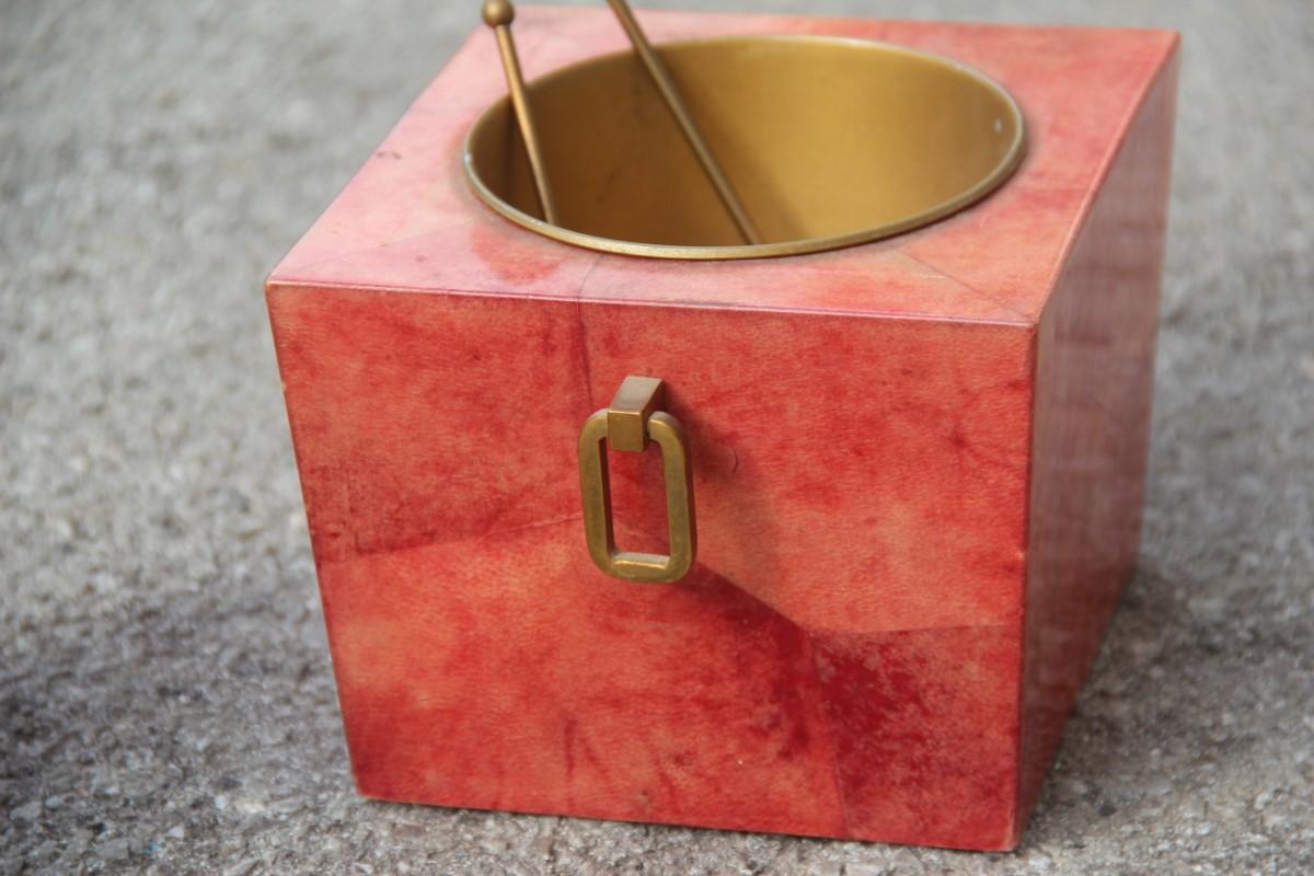 Italian Set Aldo Tura Box Pitcher Red Color Brass and Goatskin Mid-Century Modern 1950s  For Sale
