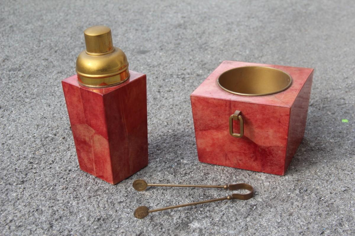Set Aldo Tura Box Pitcher Red Color Brass and Goatskin Mid-Century Modern 1950s  In Good Condition For Sale In Palermo, Sicily