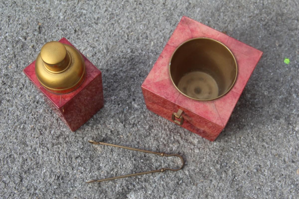 Mid-20th Century Set Aldo Tura Box Pitcher Red Color Brass and Goatskin Mid-Century Modern 1950s  For Sale