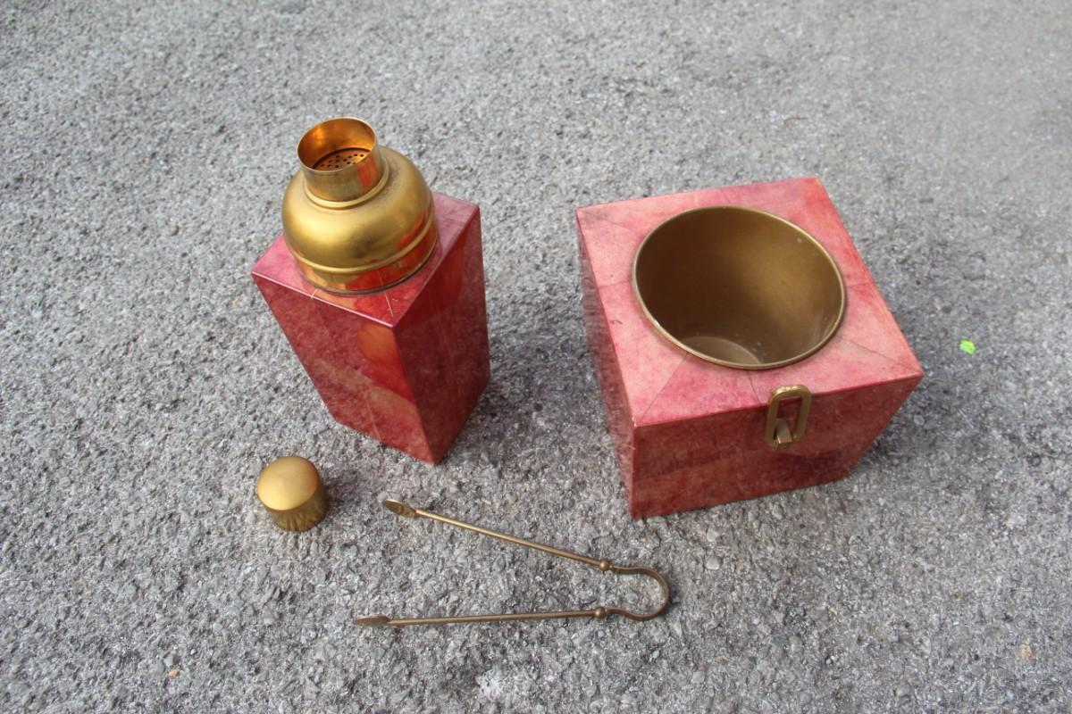 Set Aldo Tura Box Pitcher Red Color Brass and Goatskin Mid-Century Modern 1950s  For Sale 3