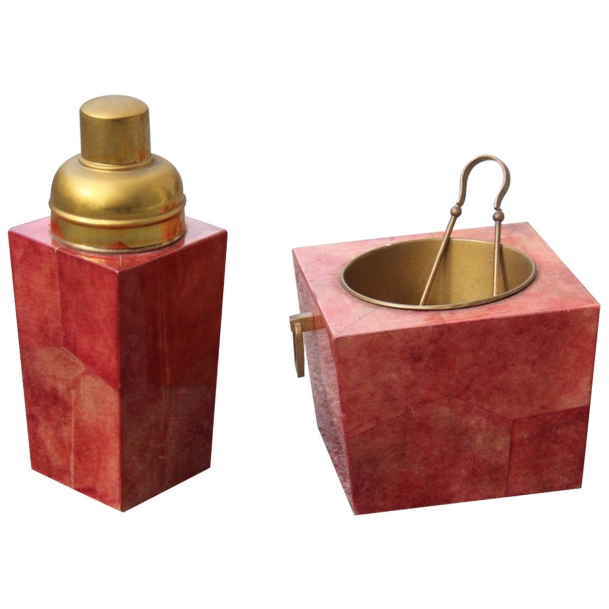 Set Aldo Tura Box Pitcher Red Color Brass and Goatskin Mid-Century Modern 1950s  For Sale