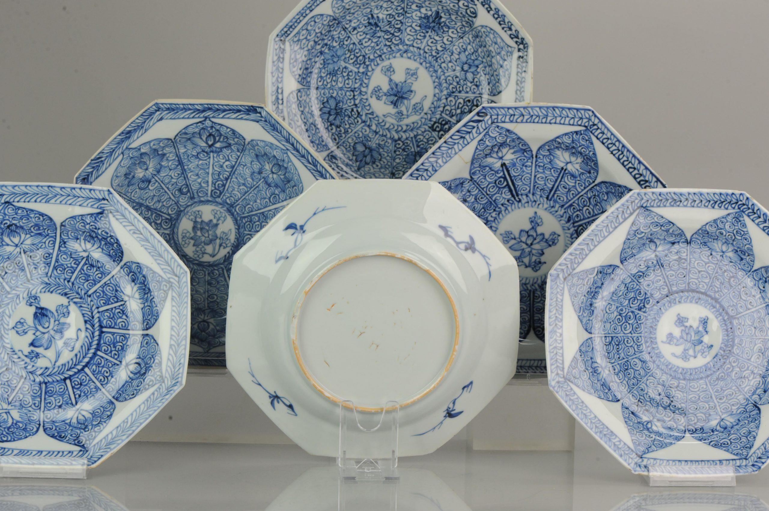 Set Antique Chinese Kangxi / Yongzheng SE Asian Market Dish Blue White Lotus 5