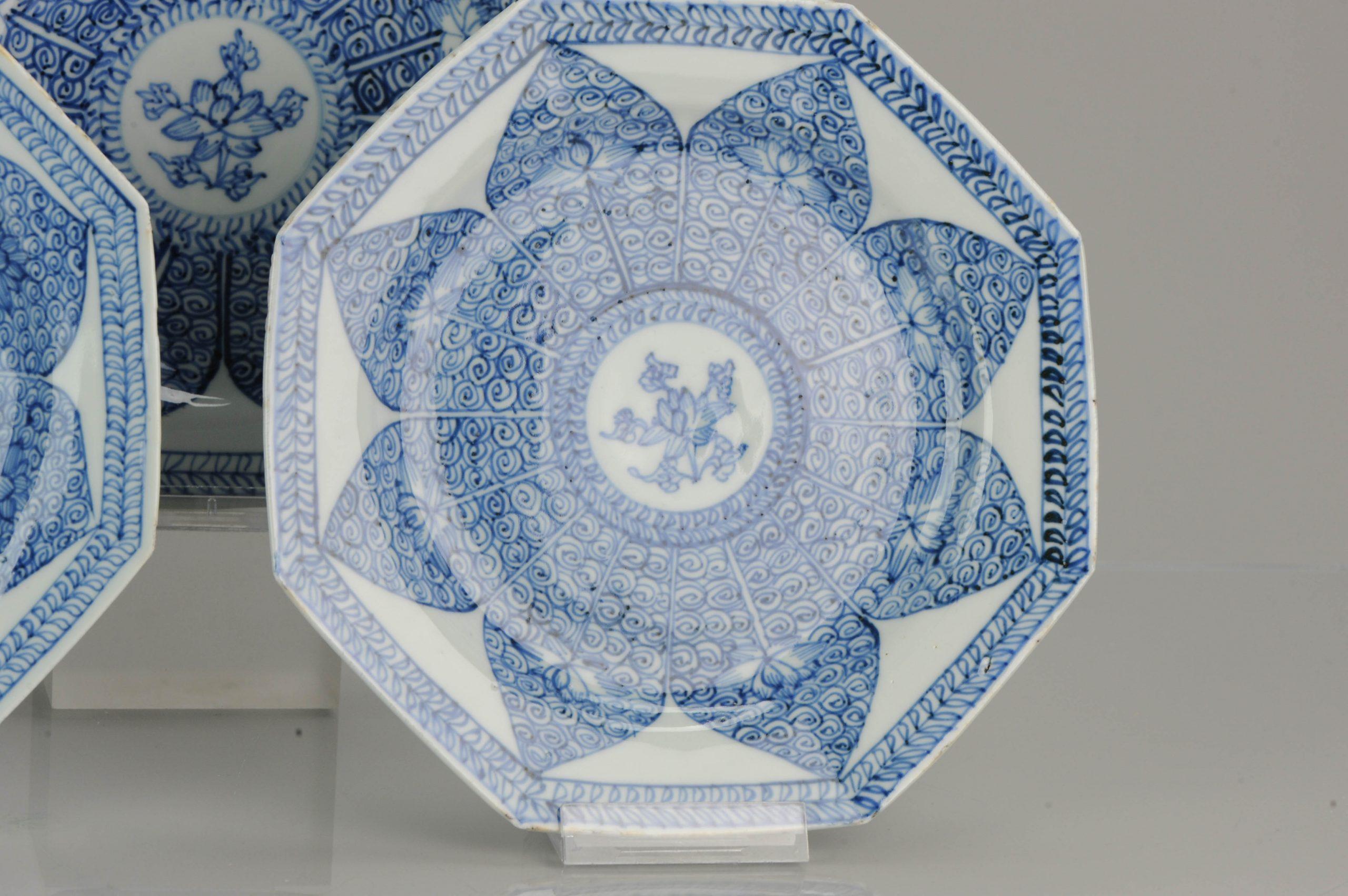 18th Century and Earlier Set Antique Chinese Kangxi / Yongzheng SE Asian Market Dish Blue White Lotus