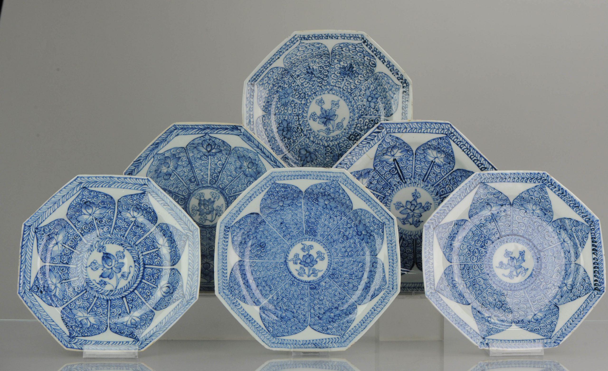 Set Antique Chinese Kangxi / Yongzheng SE Asian Market Dish Blue White Lotus 1