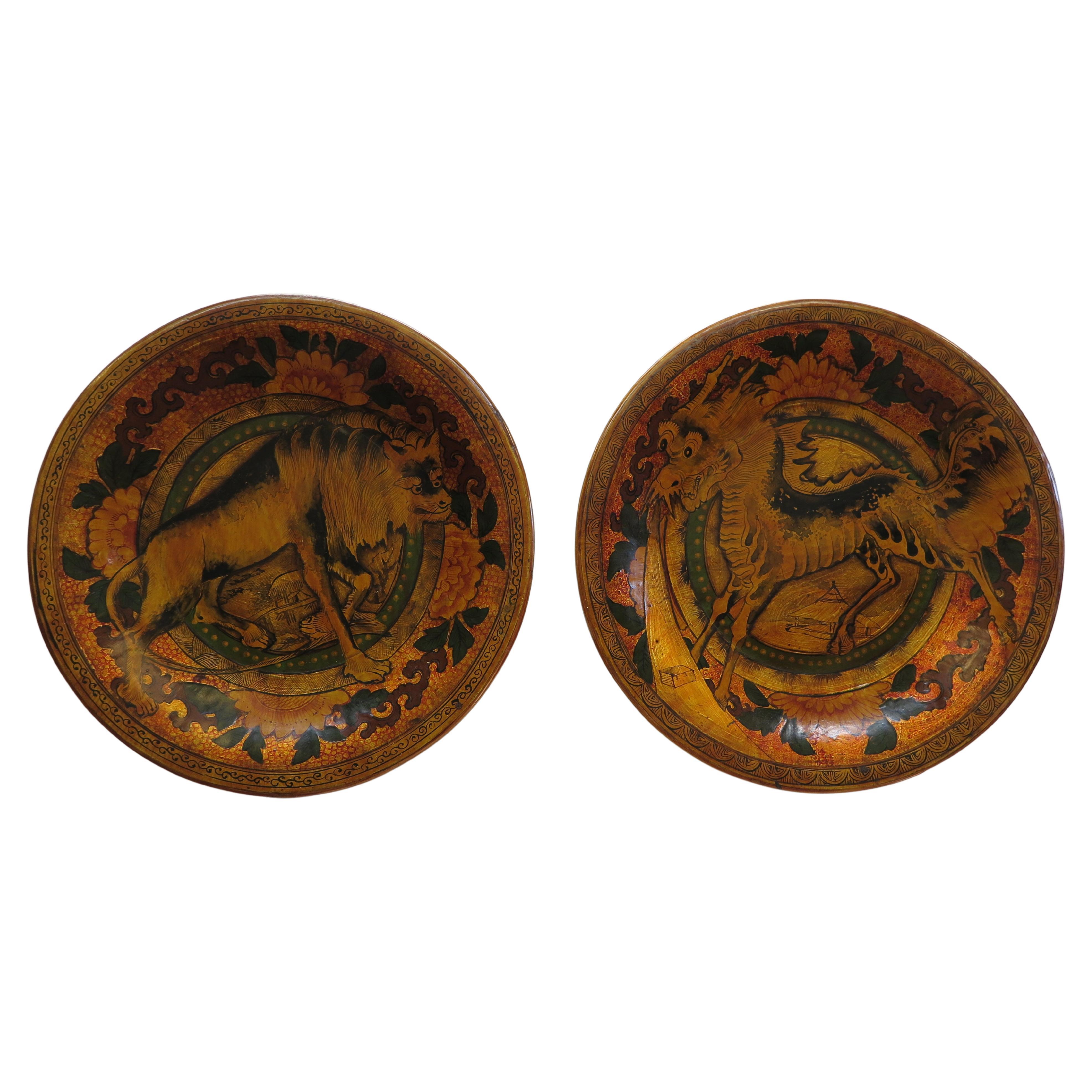 Set Antique Chinese Lacquered Wooden Plates For Sale