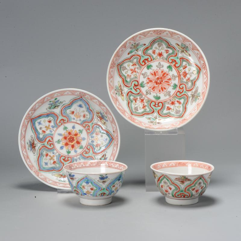 18th Century and Earlier Set Antique Famille Verte Kangxi Period Tea Bowl Se Asia Chinese Porcelain For Sale
