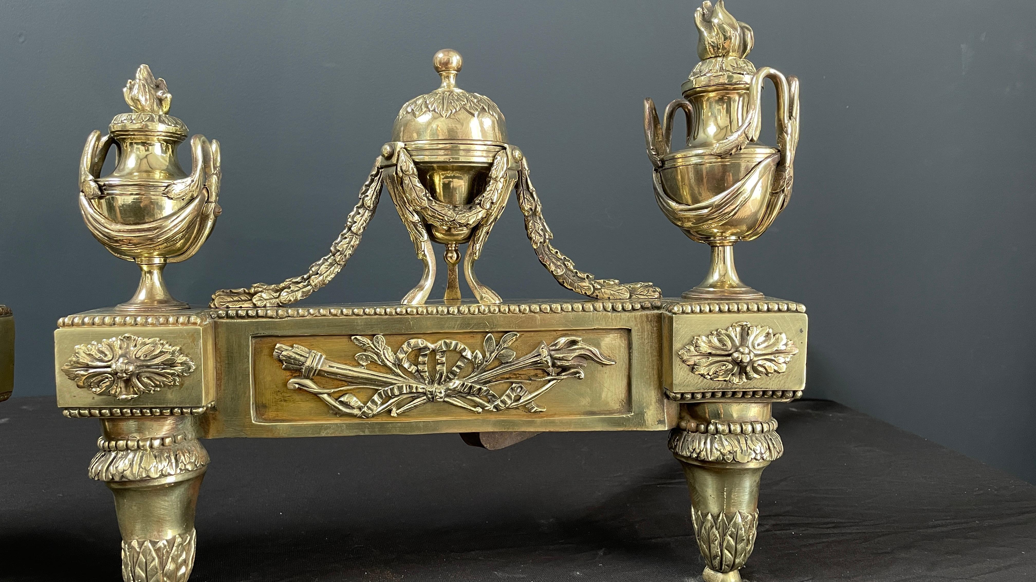 Louis XV Set Antique French Andirons or Firedogs Brass For Sale