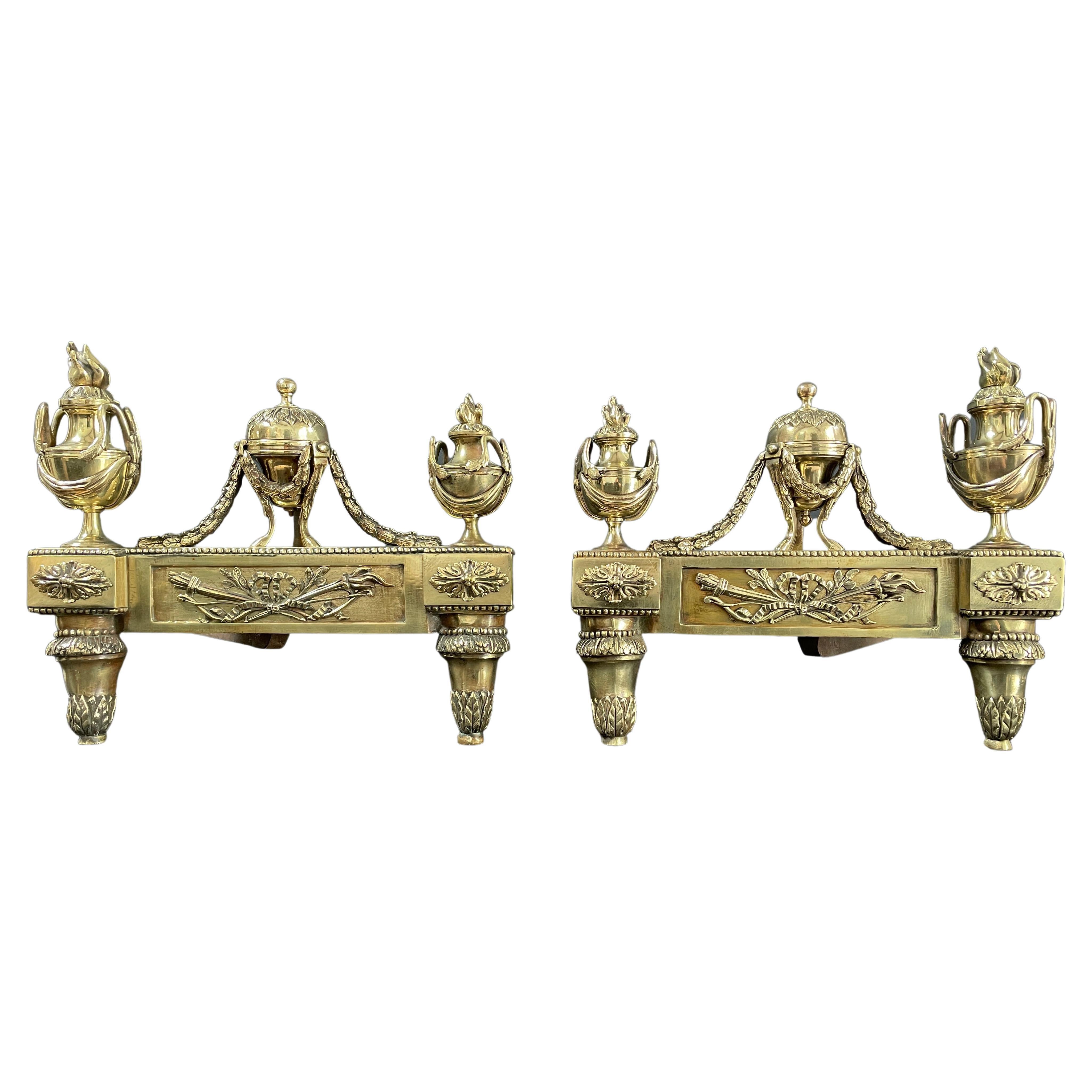 Set Antique French Andirons or Firedogs Brass