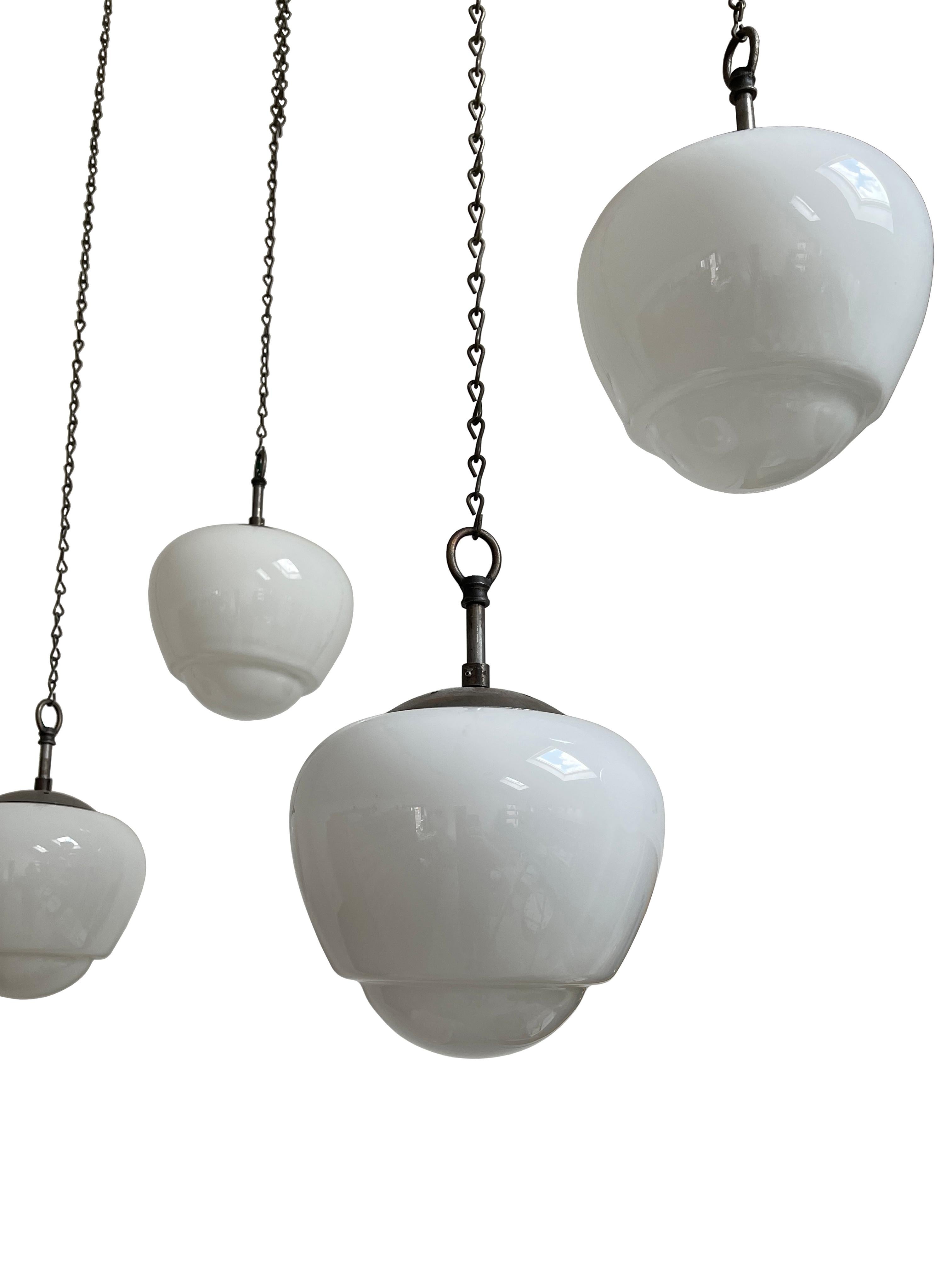 British Set Antique Vintage Acorn Opaline White Milk Glass Ceiling Pendant Light Lamp For Sale