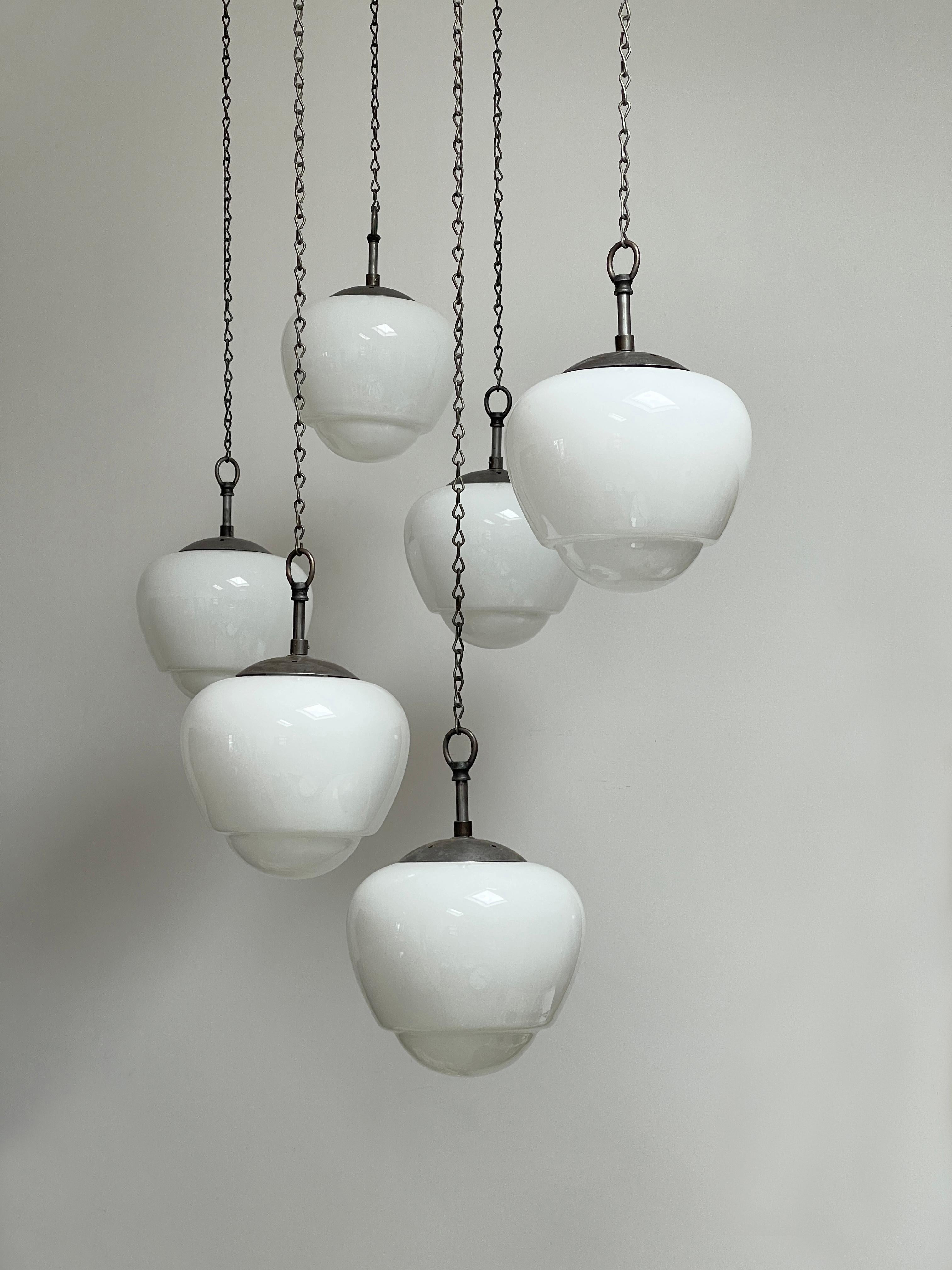 Set Antique Vintage Acorn Opaline White Milk Glass Ceiling Pendant Light Lamp For Sale 1