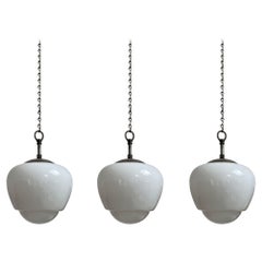 Set Antique Vintage Acorn Opaline White Milk Glass Ceiling Pendant Light Lamp