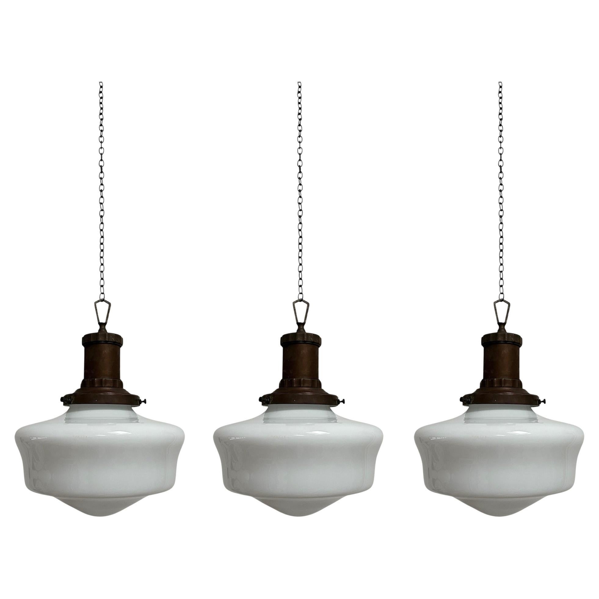 Set Antique Vintage Church Opaline Milk Glass Ceiling Pendants Light By Morco
