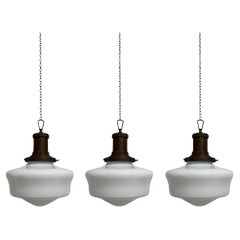 Set Antique Vintage Church Opaline Milk Glass Ceiling Pendants Light By Morco
