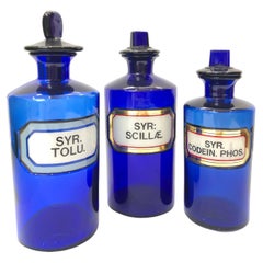 Ensemble de bouteilles de médecine d'apothicaire en verre bleu de style victorien antique et vintage