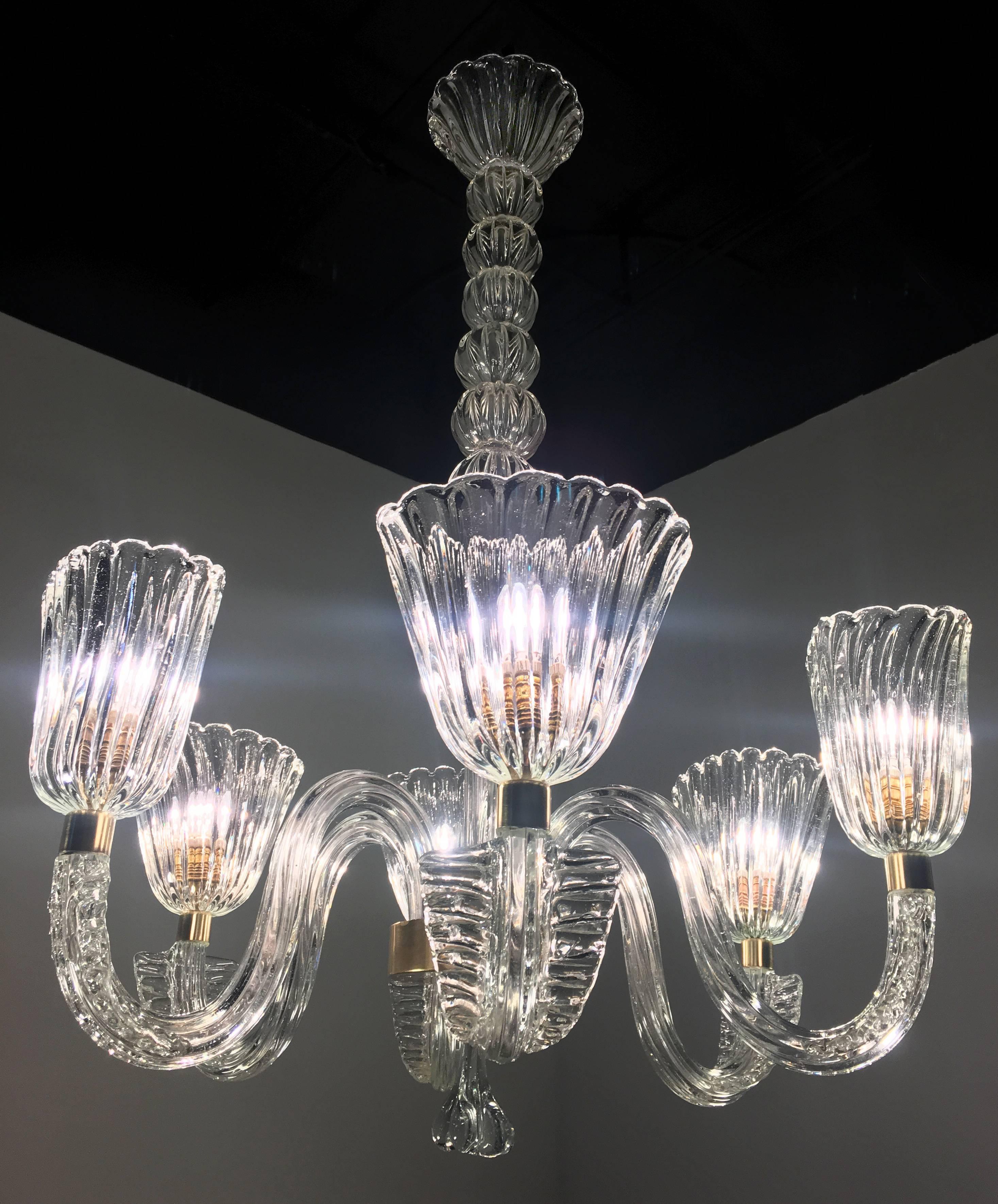 Brass Art Deco Chandelier by Ercole Barovier, Murano, 1940s For Sale