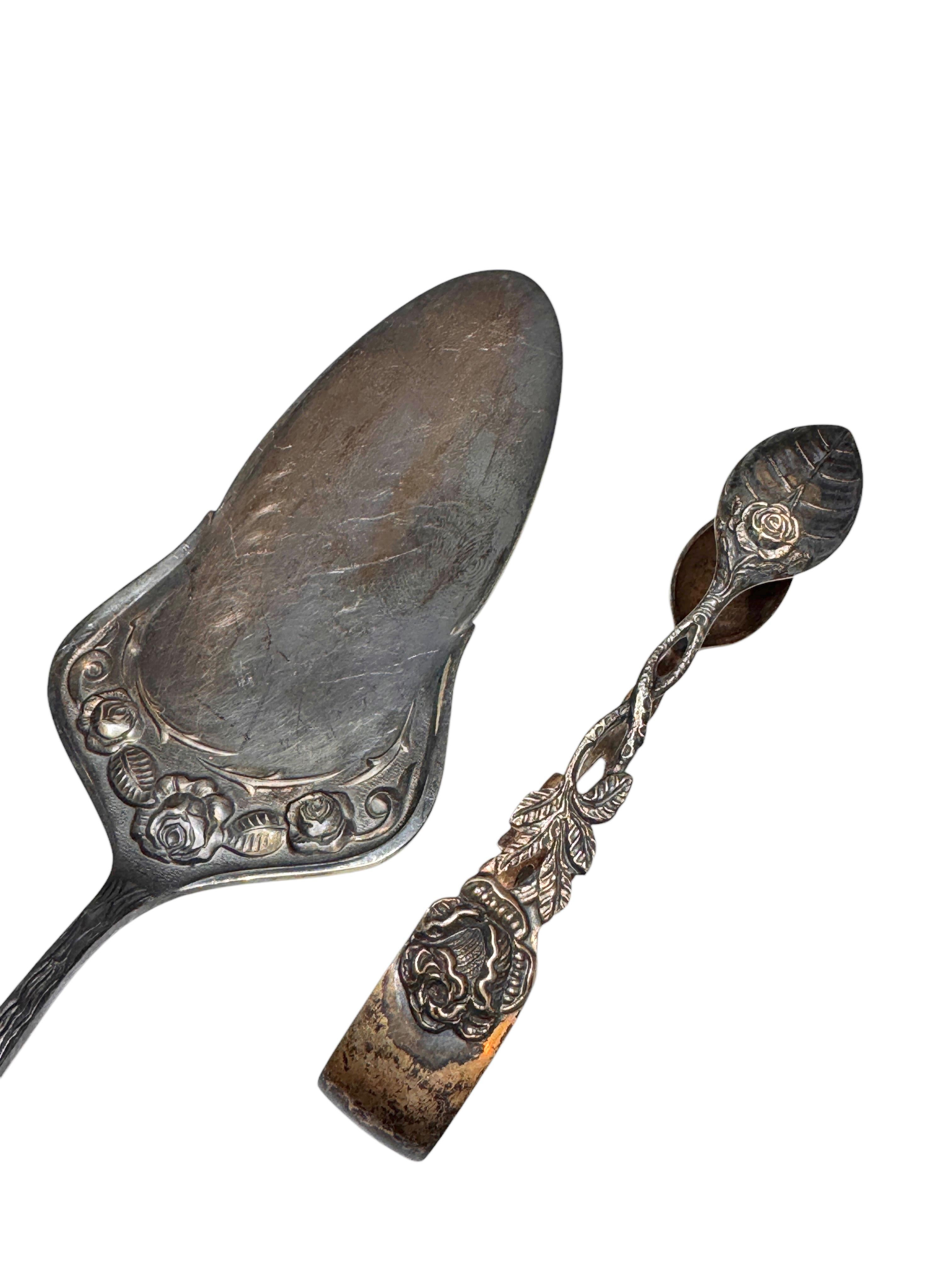 Set Jugendstil Hildesheim Rose versilbertes Besteck Cake Shovel & Zuckerzangen, Set im Angebot 3