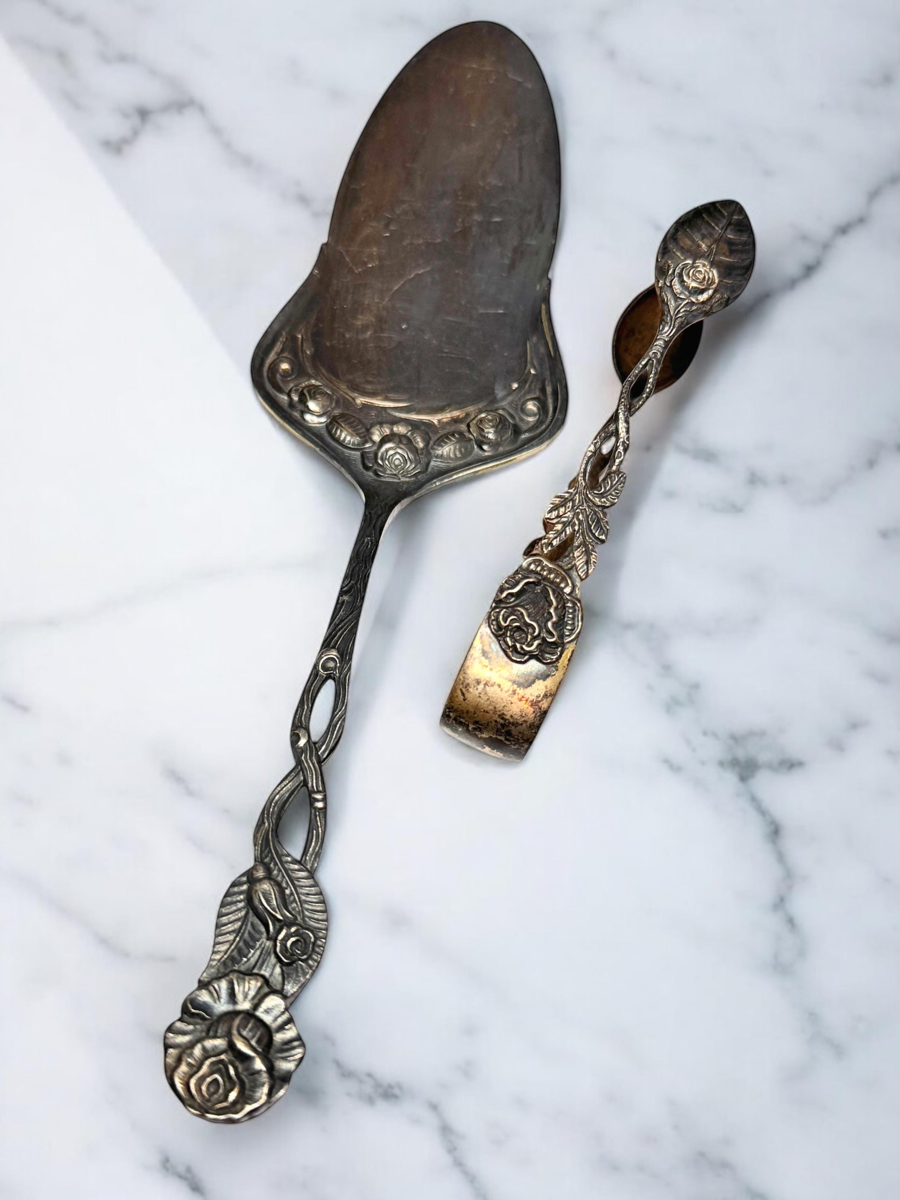 Set Jugendstil Hildesheim Rose versilbertes Besteck Cake Shovel & Zuckerzangen, Set im Angebot 5