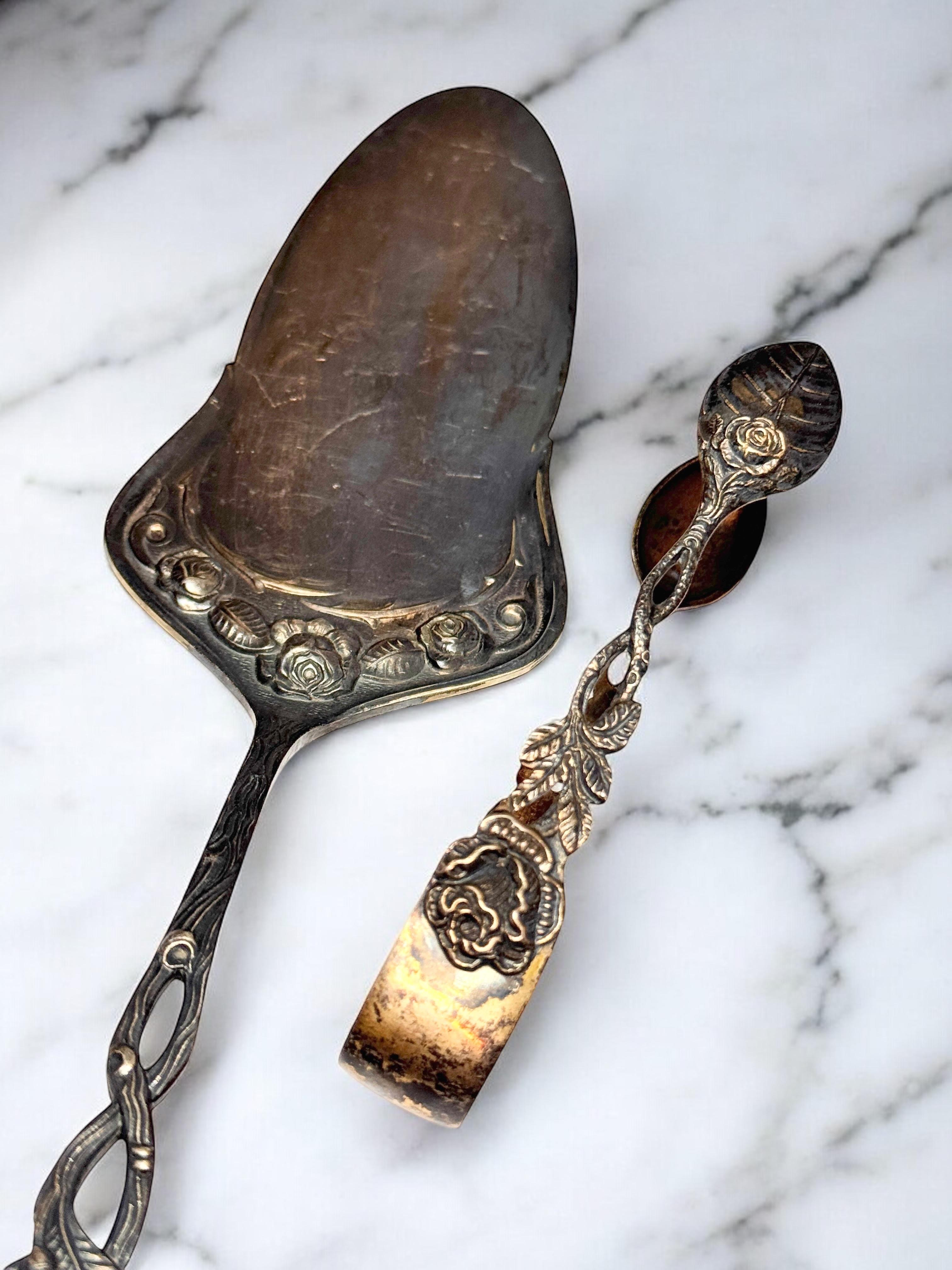 Set Jugendstil Hildesheim Rose versilbertes Besteck Cake Shovel & Zuckerzangen, Set im Angebot 6