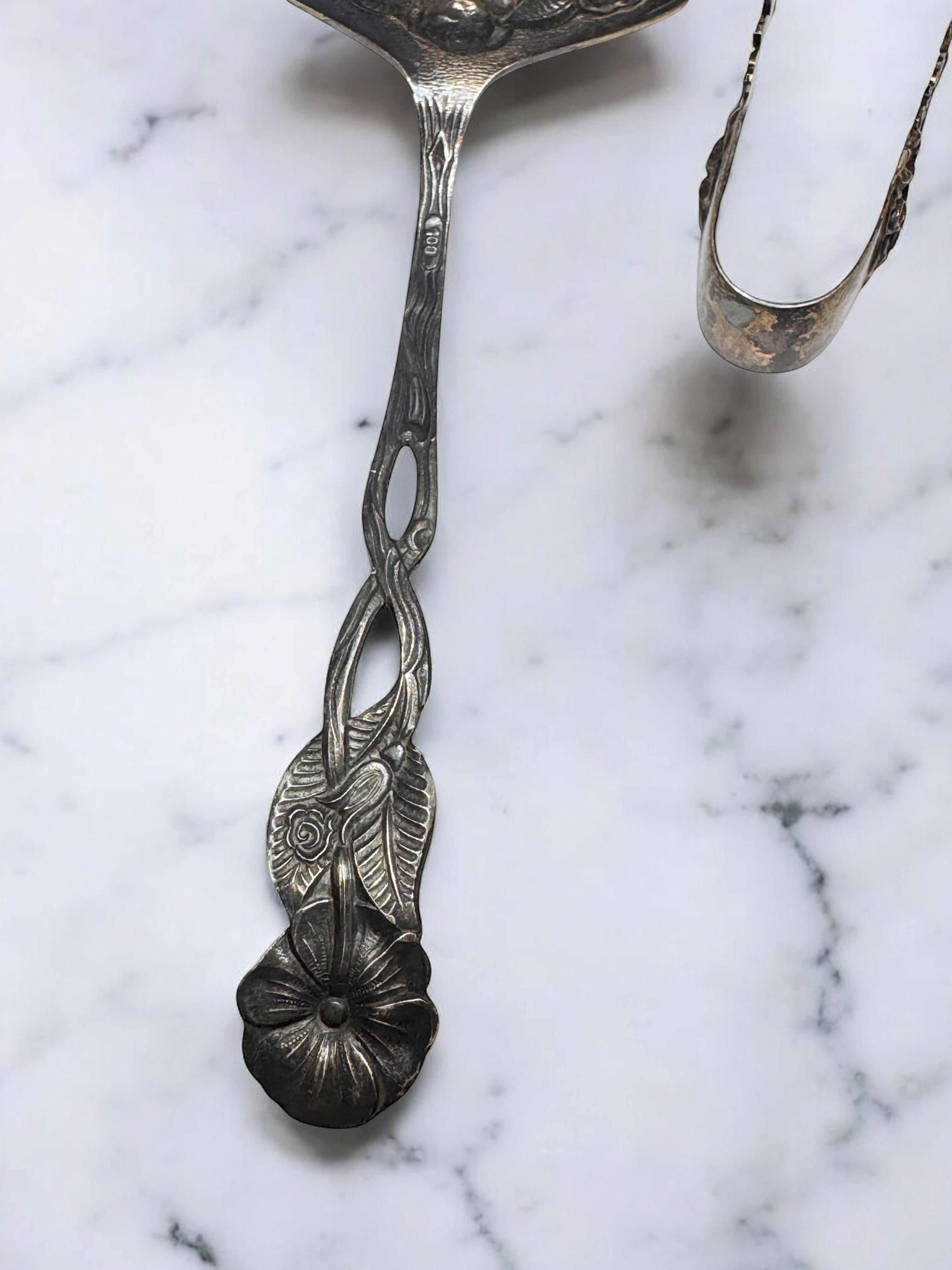 Set Jugendstil Hildesheim Rose versilbertes Besteck Cake Shovel & Zuckerzangen, Set im Angebot 7