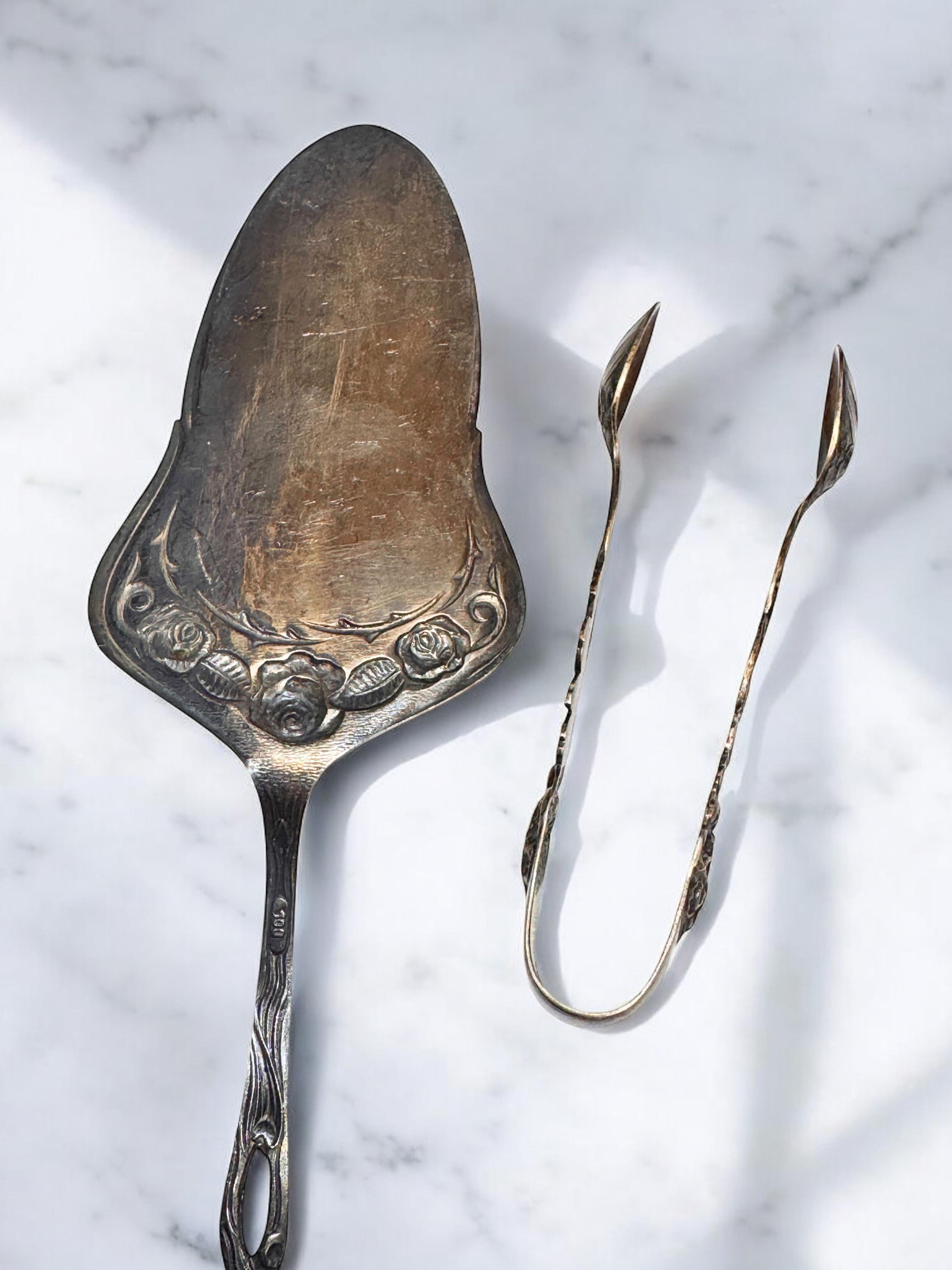 Set Jugendstil Hildesheim Rose versilbertes Besteck Cake Shovel & Zuckerzangen, Set im Angebot 8