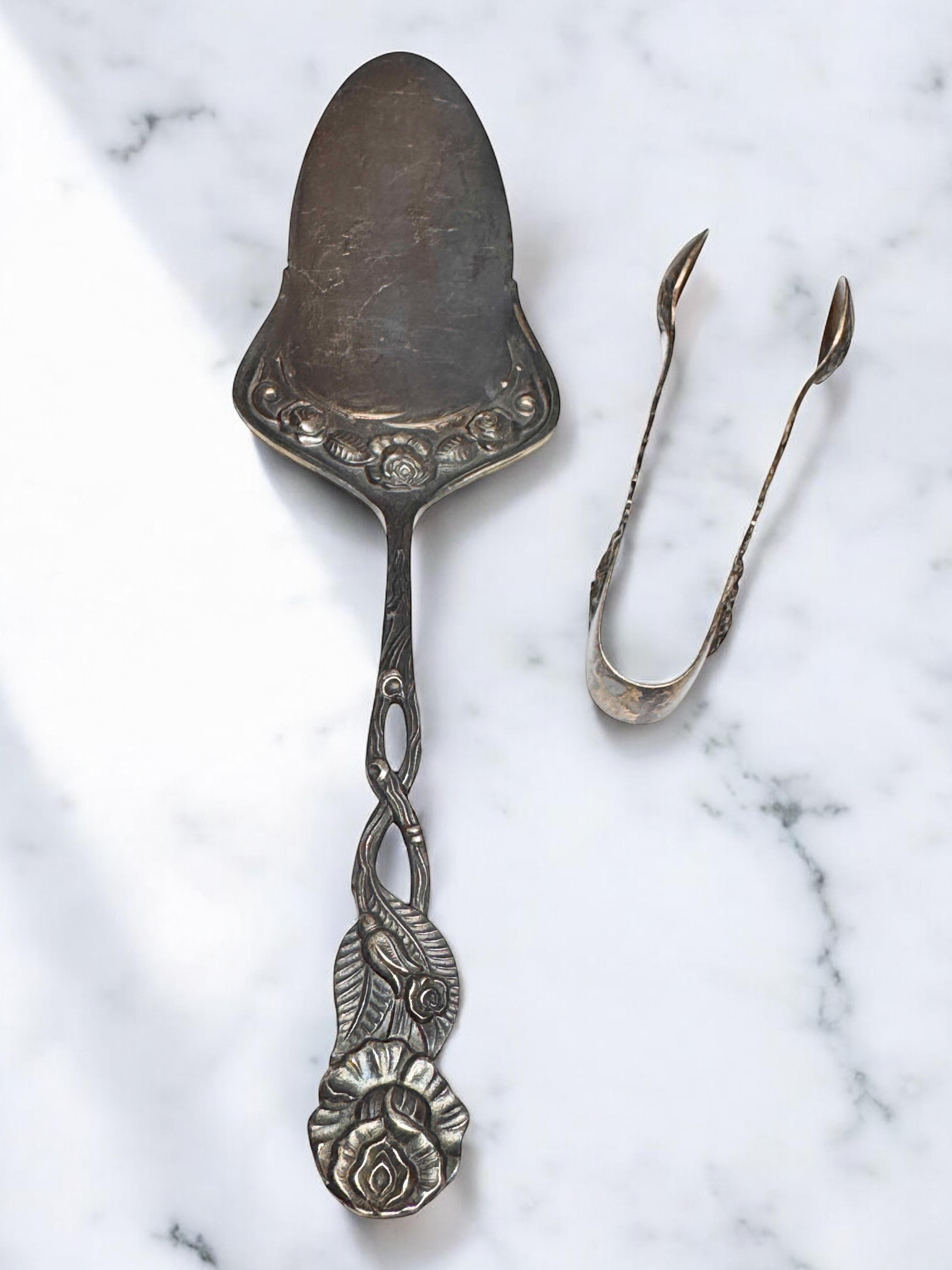 Set Jugendstil Hildesheim Rose versilbertes Besteck Cake Shovel & Zuckerzangen, Set im Angebot 9