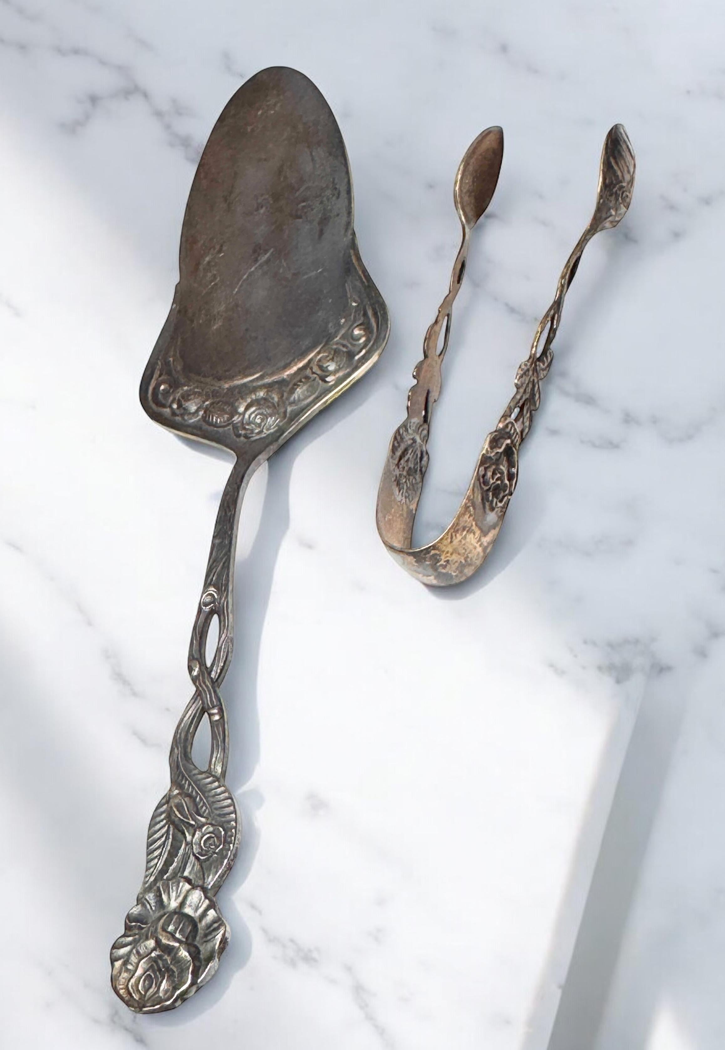 Set Jugendstil Hildesheim Rose versilbertes Besteck Cake Shovel & Zuckerzangen, Set im Angebot 10