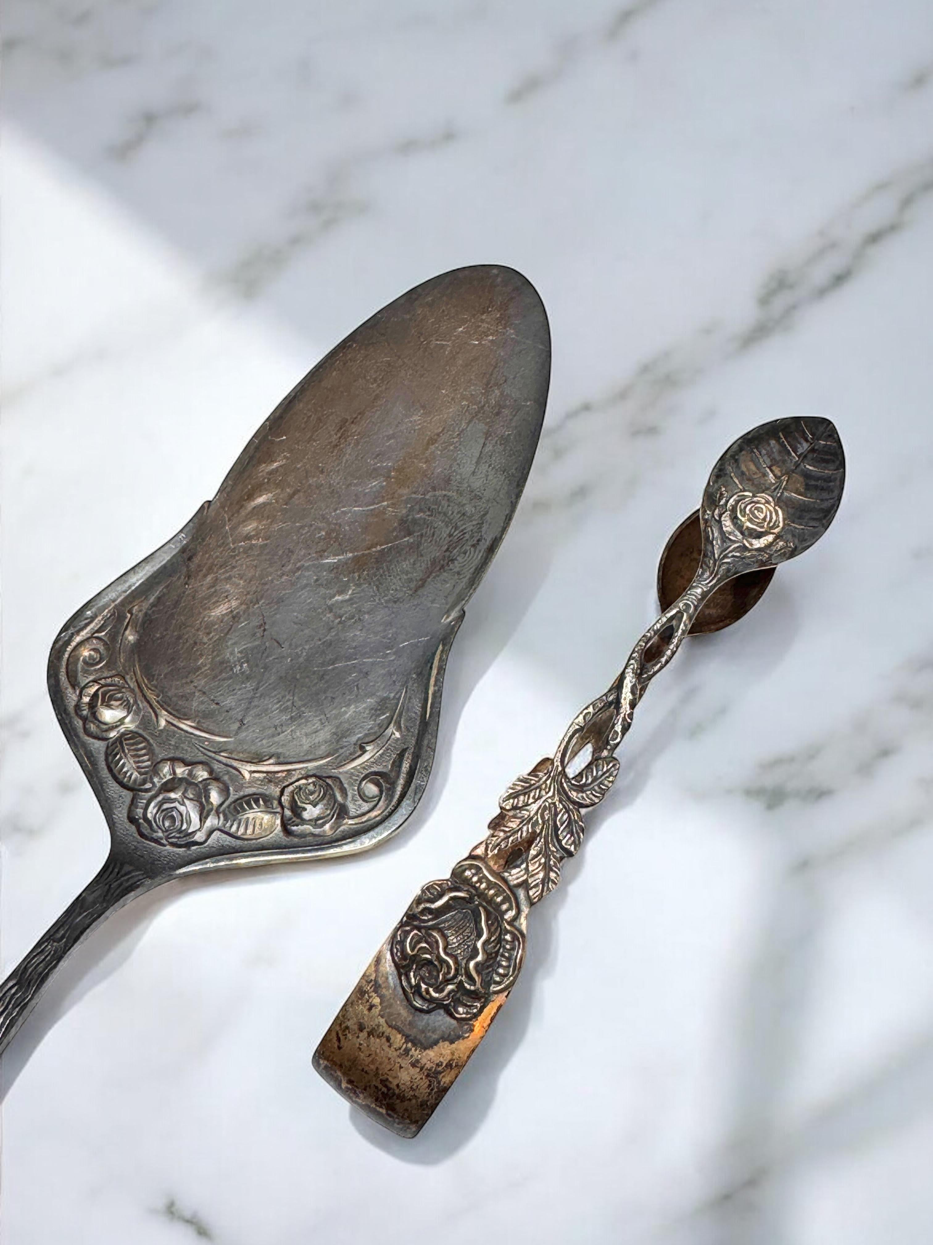 Set Jugendstil Hildesheim Rose versilbertes Besteck Cake Shovel & Zuckerzangen, Set im Angebot 12