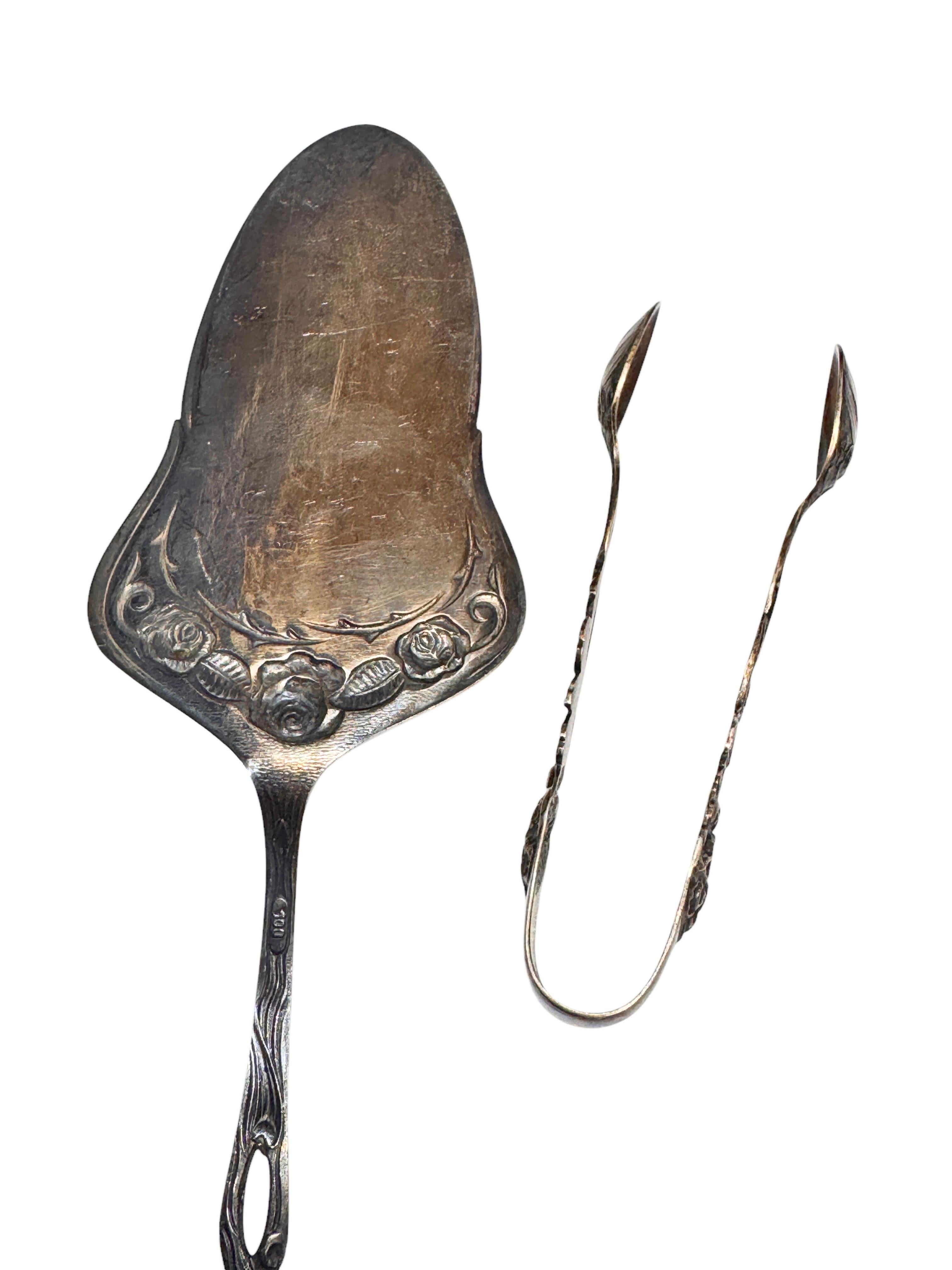 Set Jugendstil Hildesheim Rose versilbertes Besteck Cake Shovel & Zuckerzangen, Set (Deutsch) im Angebot