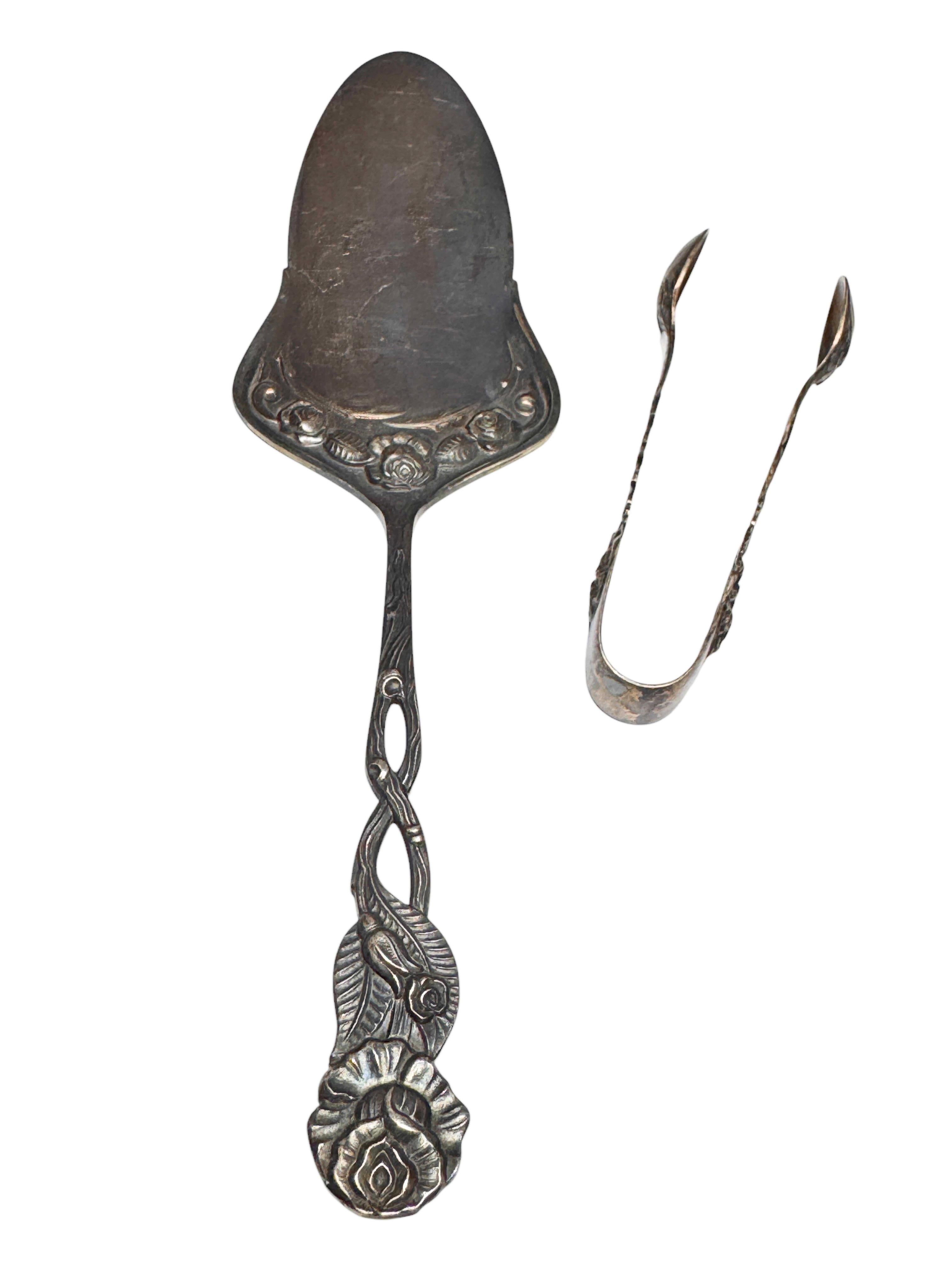 Set Jugendstil Hildesheim Rose versilbertes Besteck Cake Shovel & Zuckerzangen, Set im Zustand „Gut“ im Angebot in Nuernberg, DE